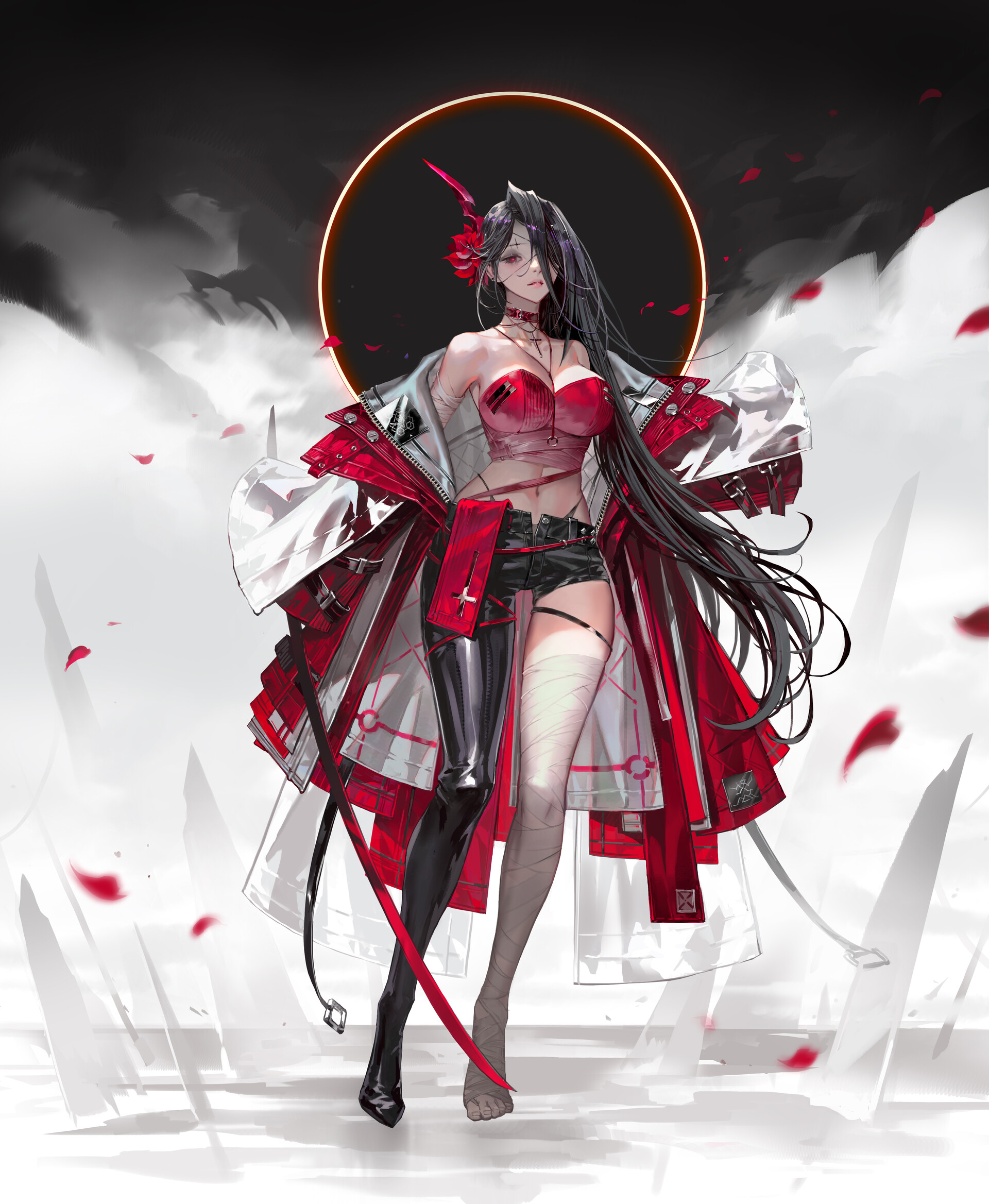Nessi Women Drawing Weapon Petals Red Clothing 1920x2337