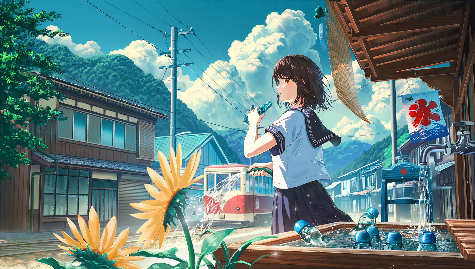 Sugi87 School Uniform Schoolgirl Looking Back Looking At Viewer Hose Sunflowers Short Hair Water Wom 1920x1090