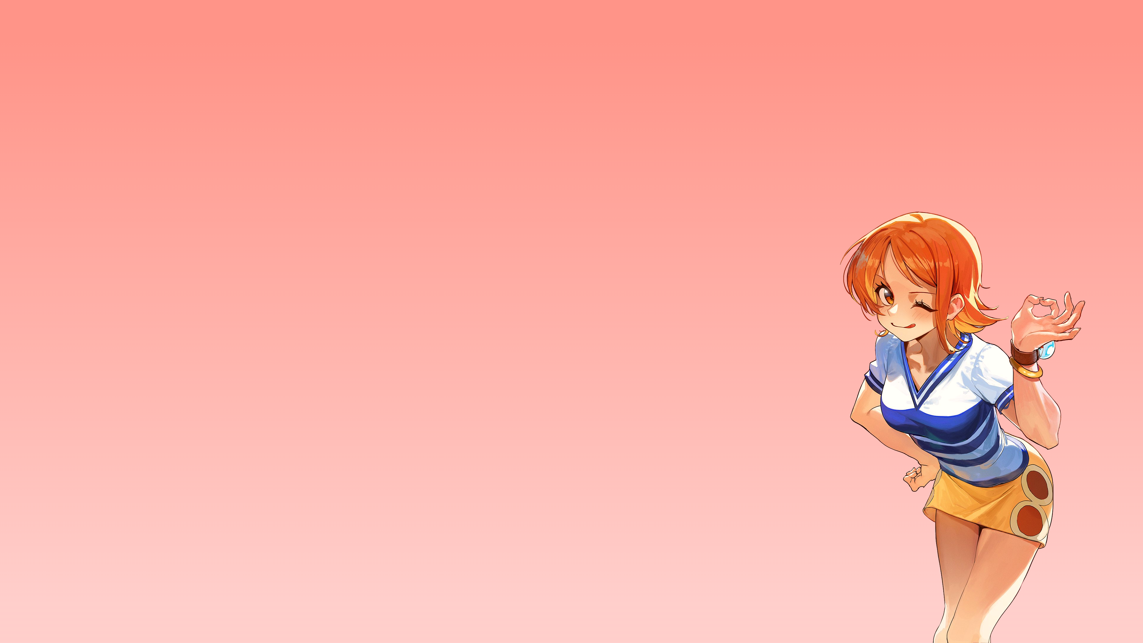 Anime Girls Short Hair Redhead Nami One Piece Wink OK Sign White Shirt Red Eyes Jewel Gradient Simpl 3840x2160