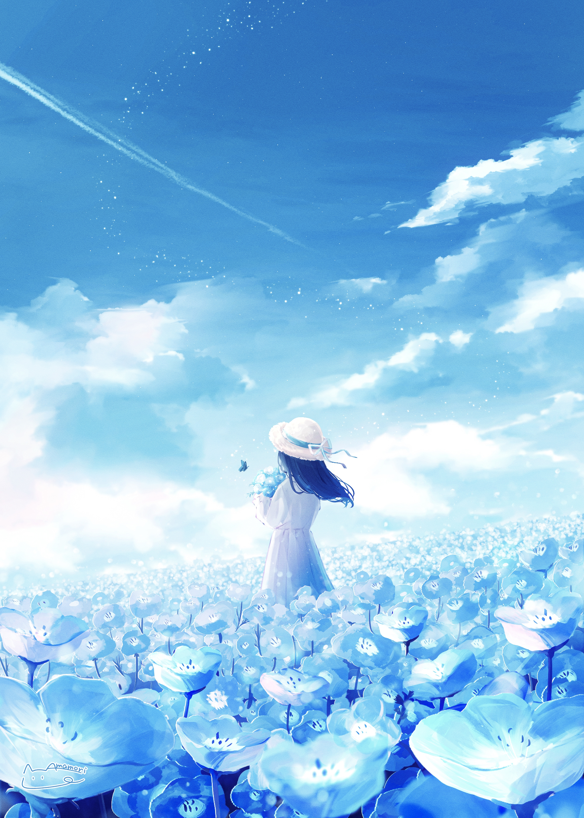 Amenomori Howa Flowers White Dress Dark Hair Sun Hats Nemophila Bouquet Butterfly Hat Floating Parti 2000x2800