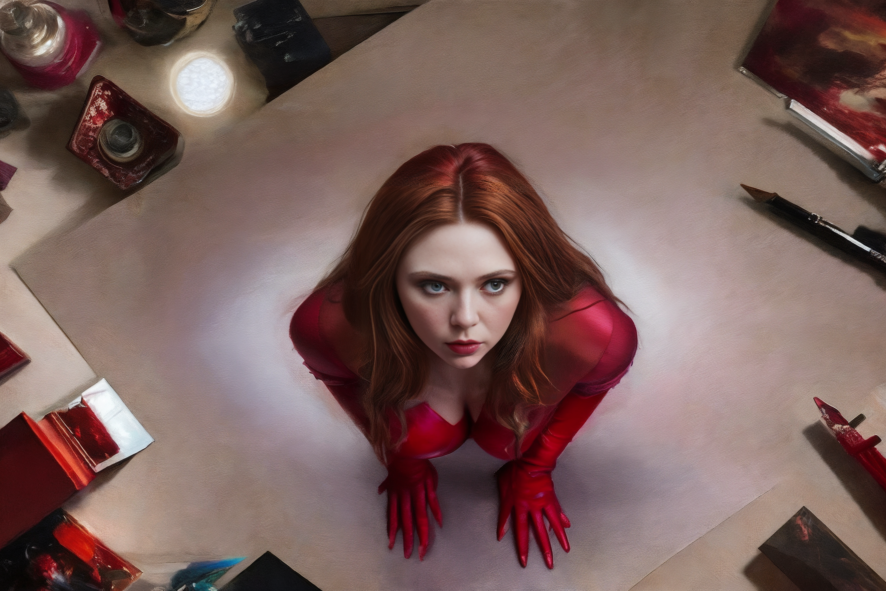 Scarlet Witch Marvel Comics Looking Up Red Clothing Redhead Tight Clothing Cosplay Ai Art 3072x2048