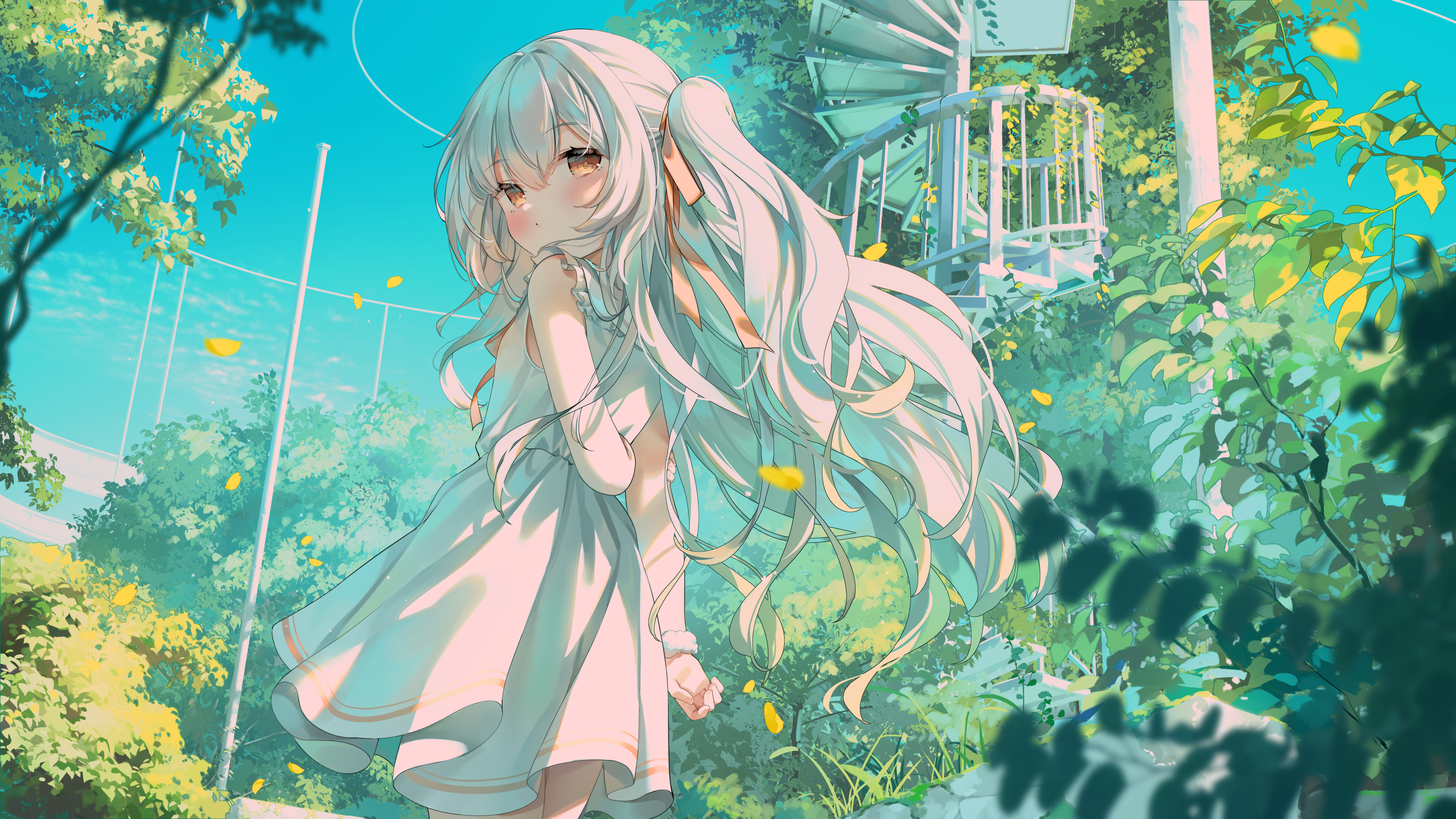 Anime Anime Girls White Hair Twintails White Dress Shy Grass Trees Leaves Chen Bin Virtual Youtuber 3840x2160