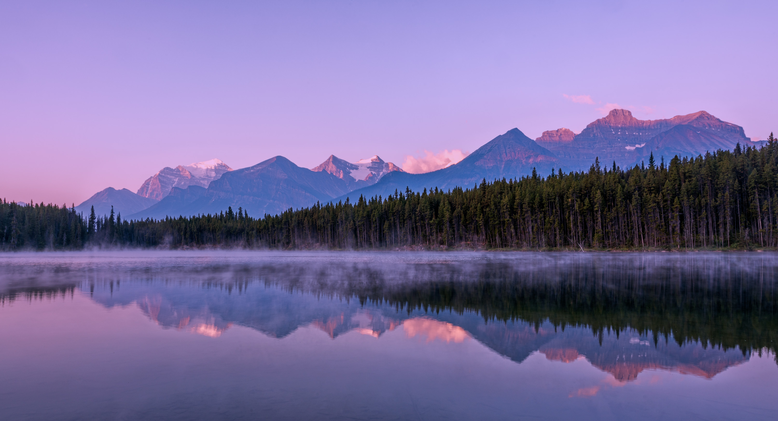 Nature Landscape Trees Forest Water Lake Reflection Clouds Sky Mountains Snowy Peak Mist Herbert Lak 3000x1626