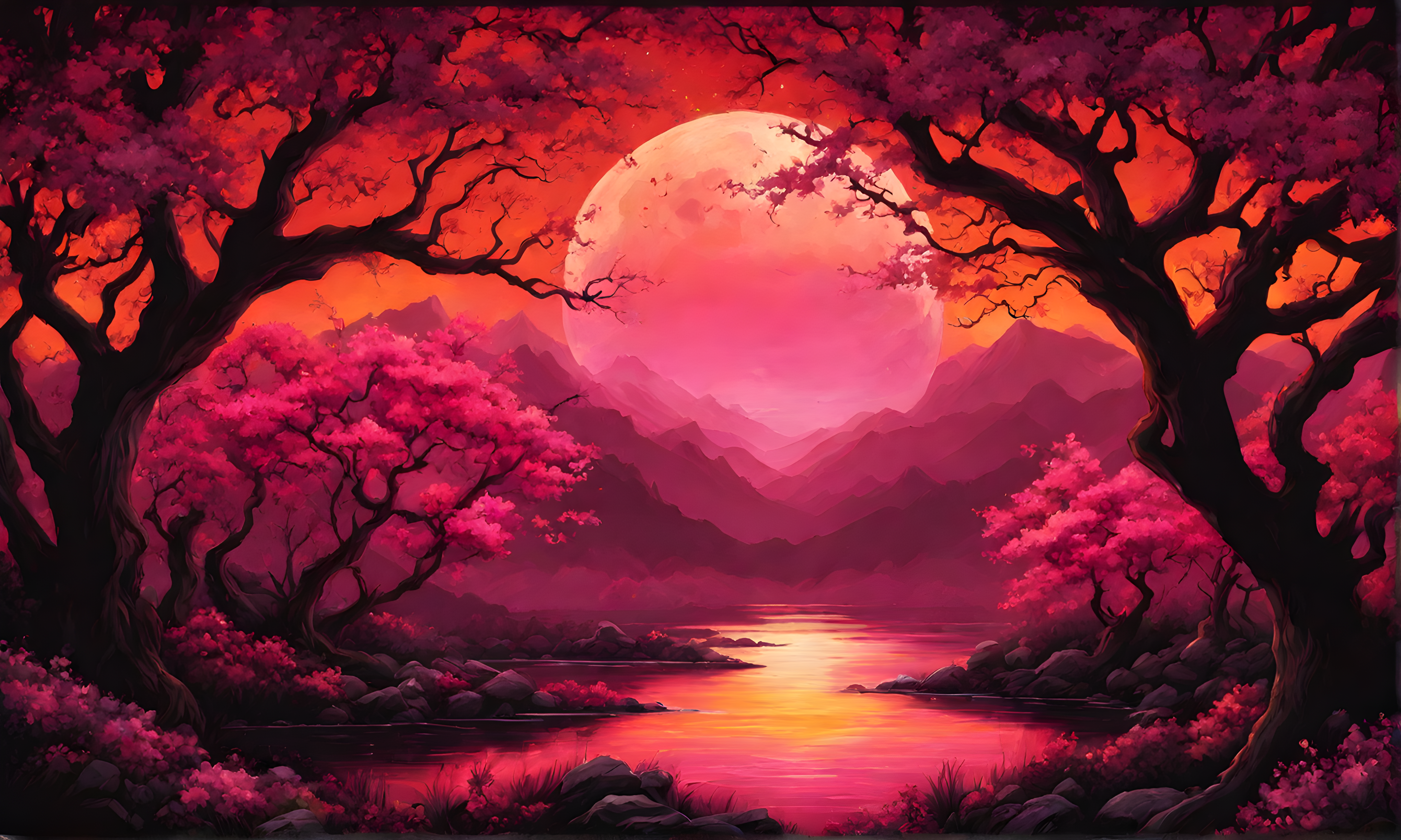Nature Artwork Trees Moon Mountains Water Flowers Pink 5120x3072