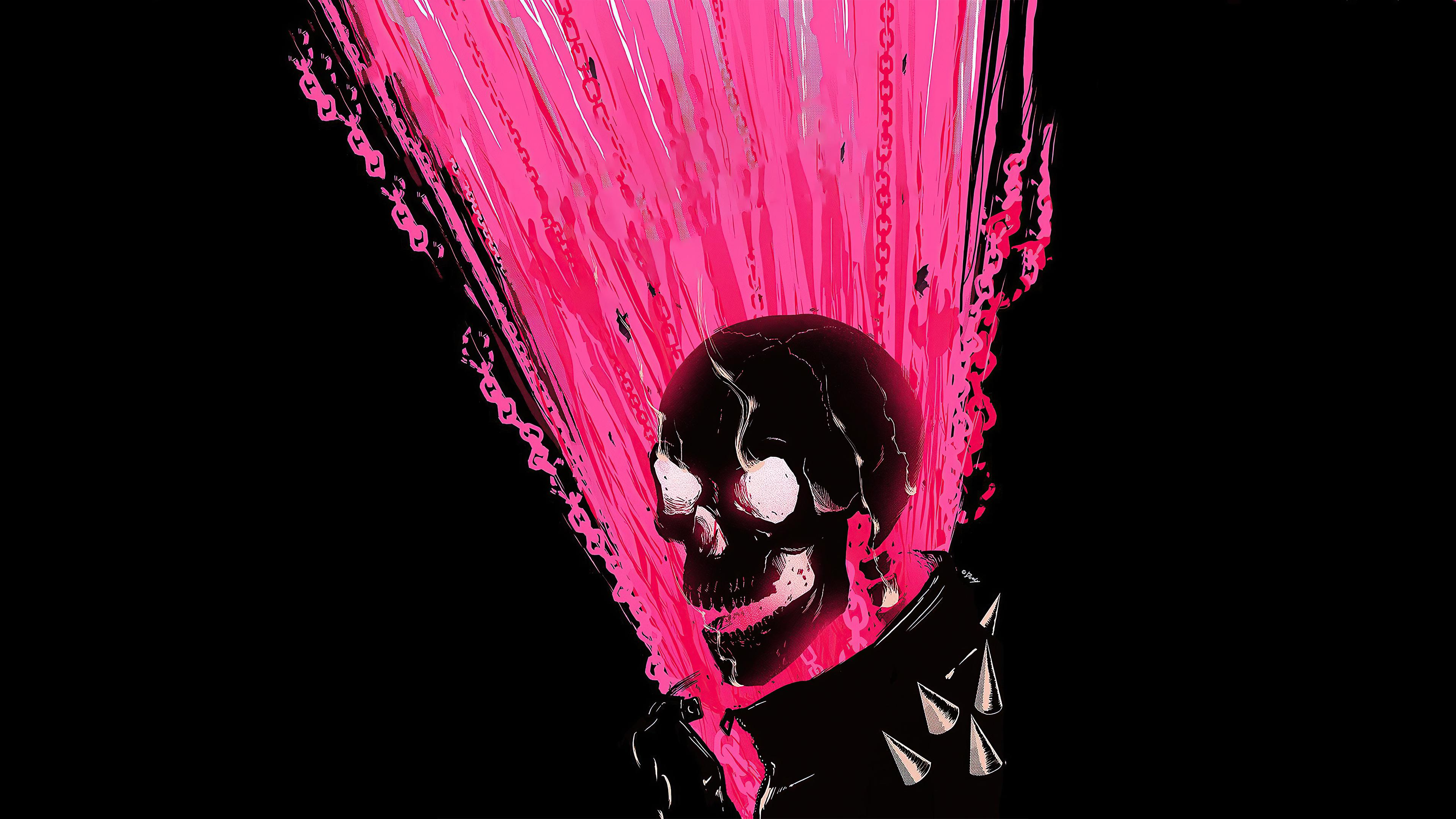 Digital Art Artwork Illustration Skull Black Background Minimalism Pink Ghost Rider 4K Marvel Comics 3840x2160