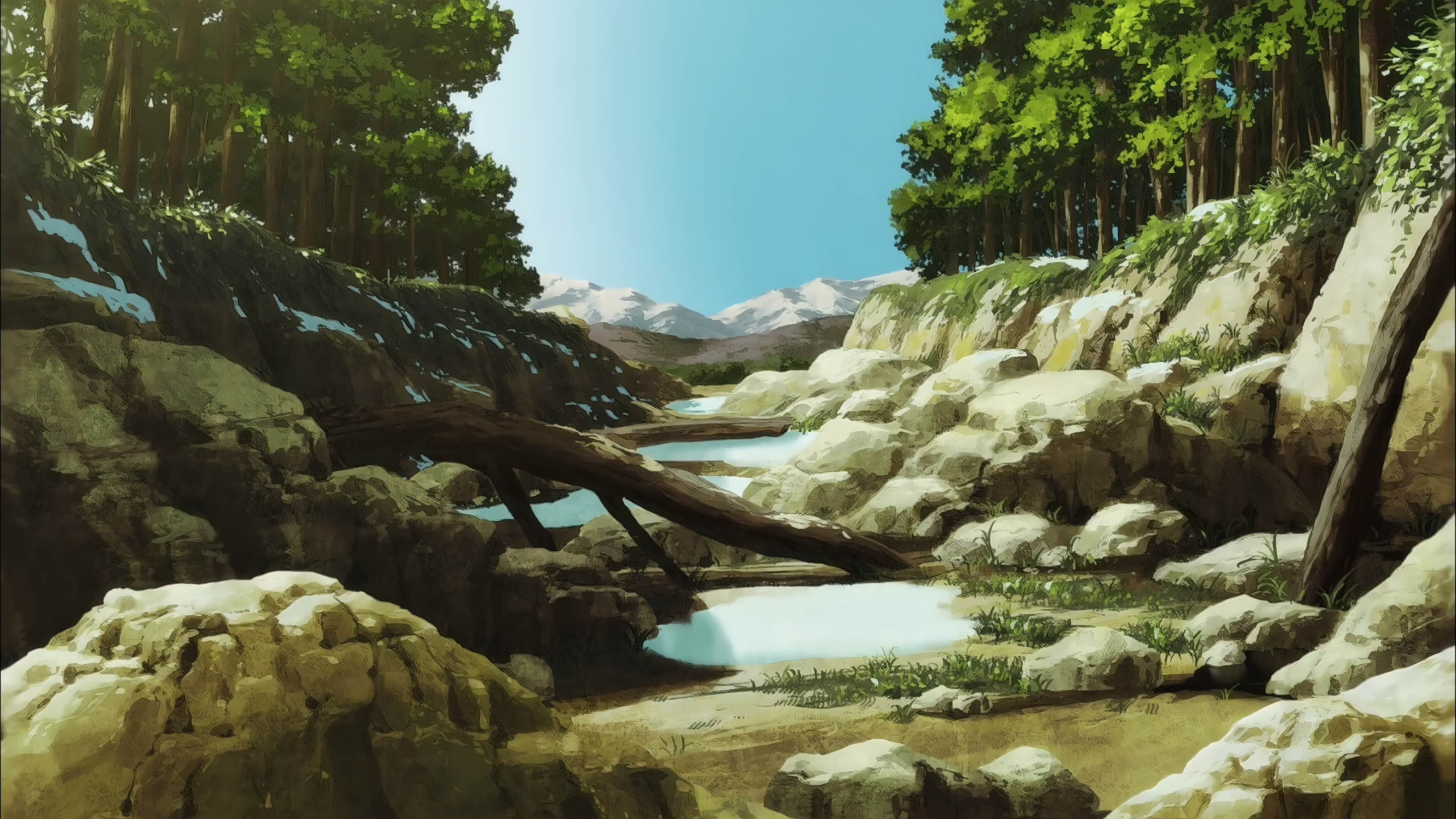 Seirei No Moribito Rocks Trees Fallen Tree Mountains Puddle 3840x2160