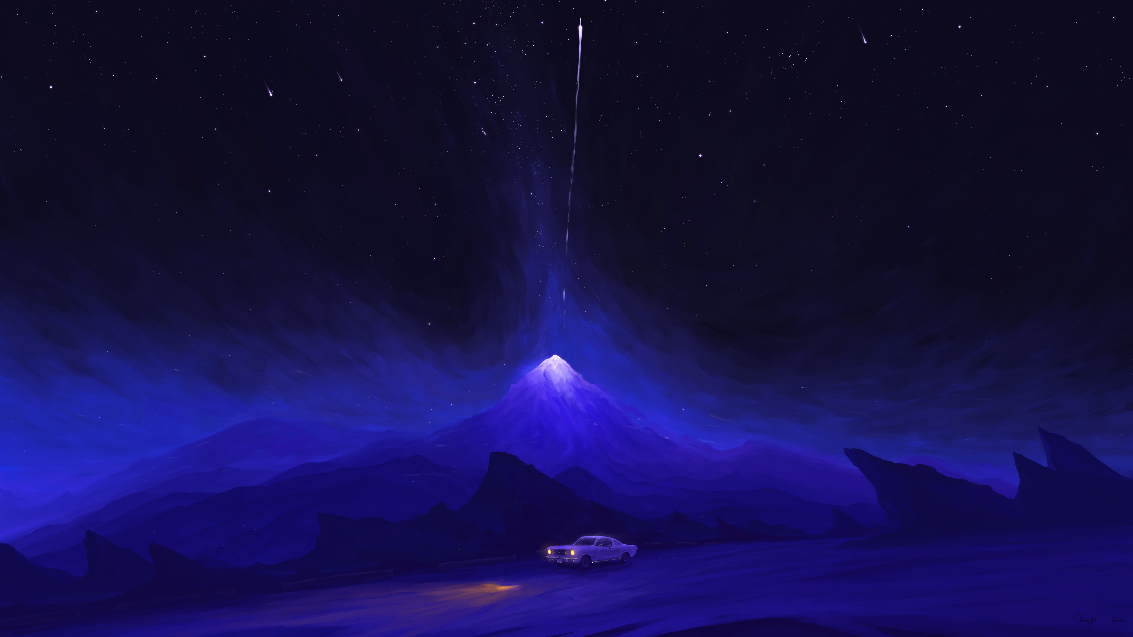 BisBiswas Digital Art Artwork Illustration Landscape Nature Night Nightscape Mountains Vehicle Car S 3840x2160