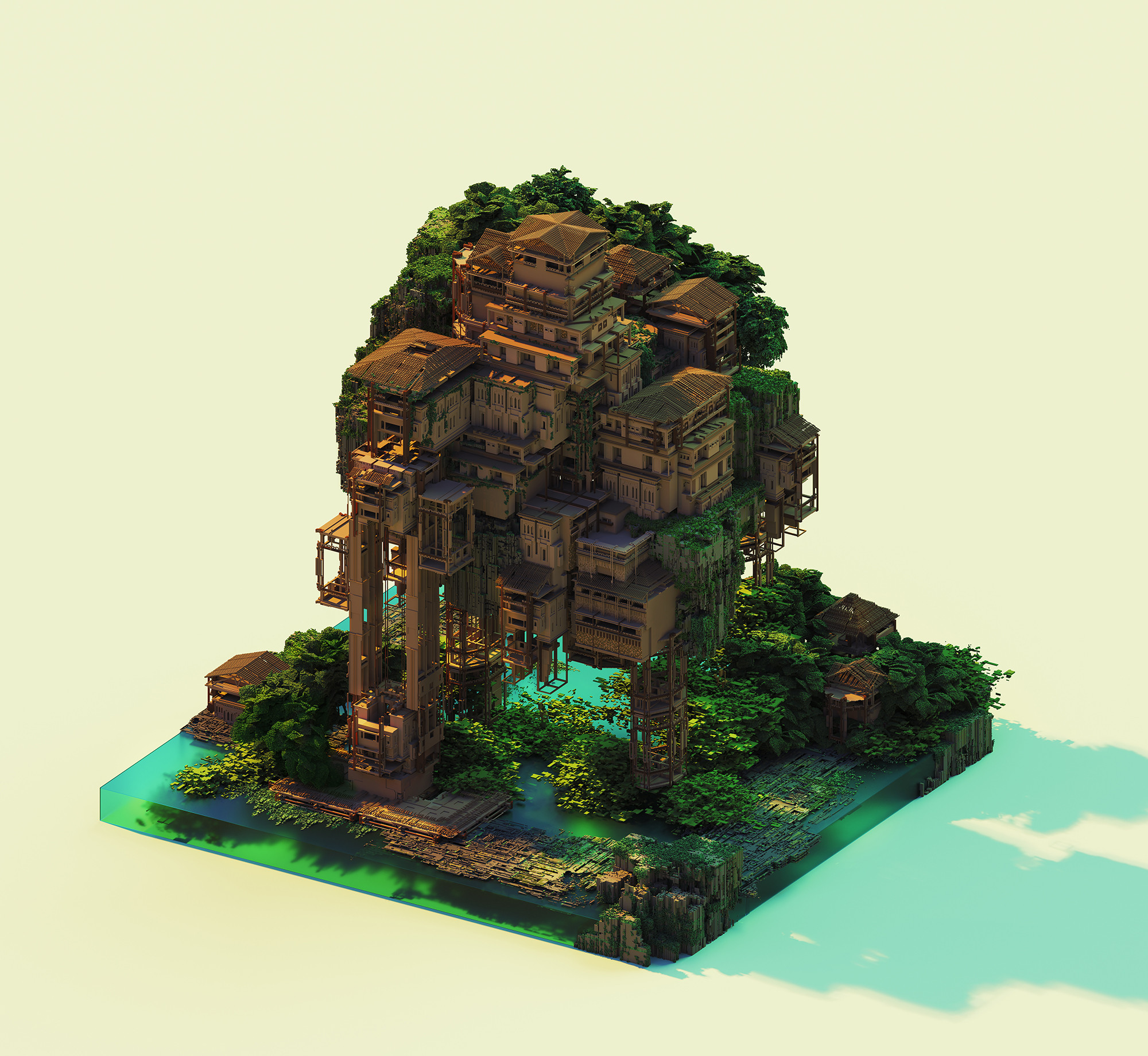 Mari Voxels Digital Art Isometric MagicaVoxel Architectural Concept Tropical Floating Madmaraca 2000x1840