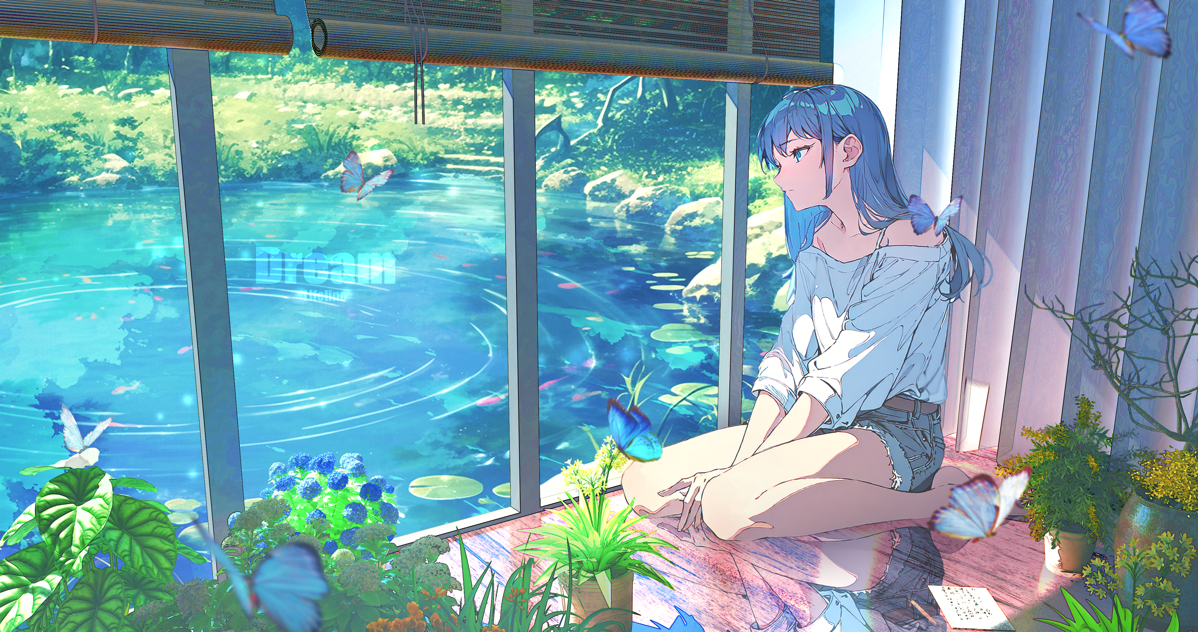 Lifeline Women Indoors Looking Away Anime Girls Pond Water Plants Window Looking Sideways Depth Of F 4096x2160