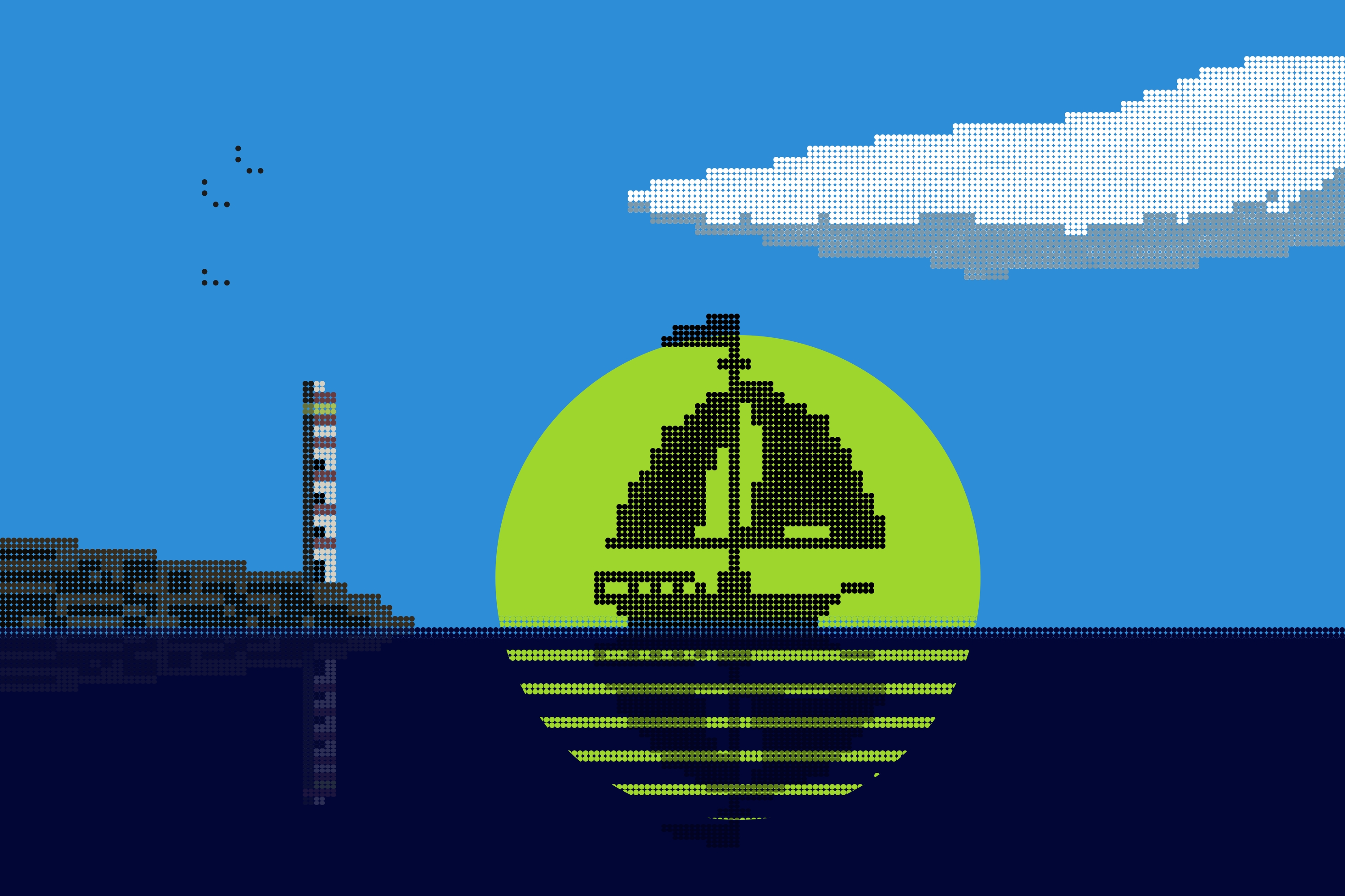 Pixel Art Pixels Ship Clouds Birds Lighthouse Sea Sky Sun 3000x2000