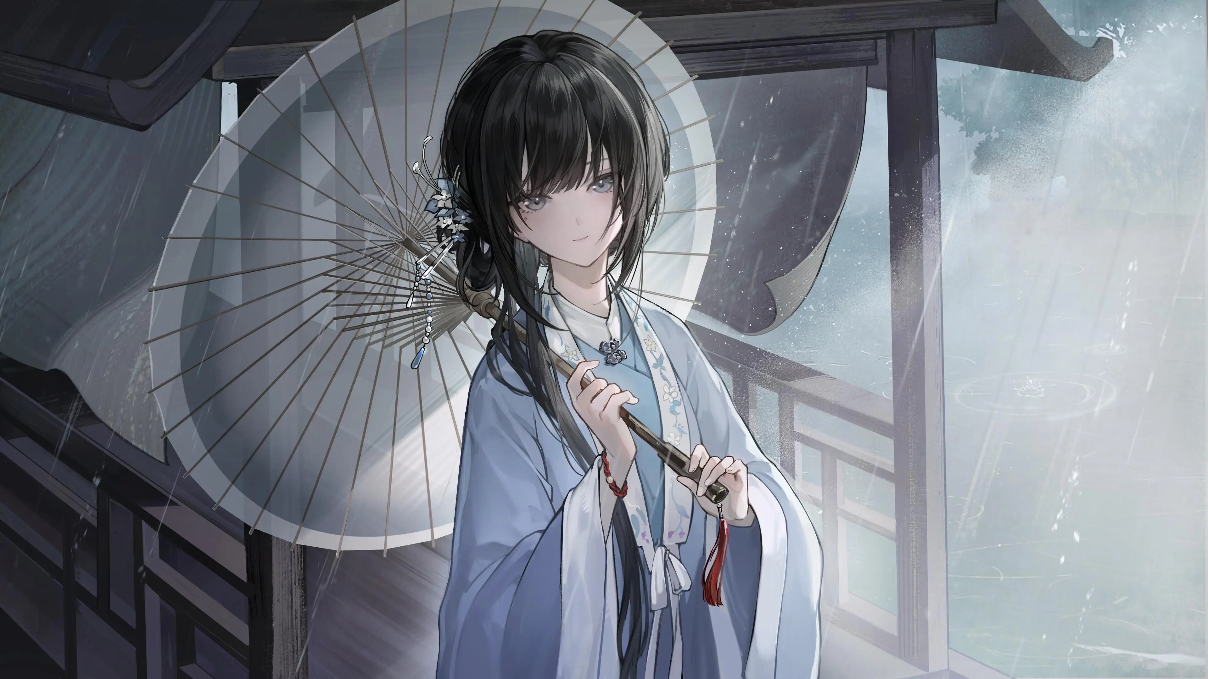 Illustration Galgame Paper Umbrellas Hanfu Black Hair 3840x2160