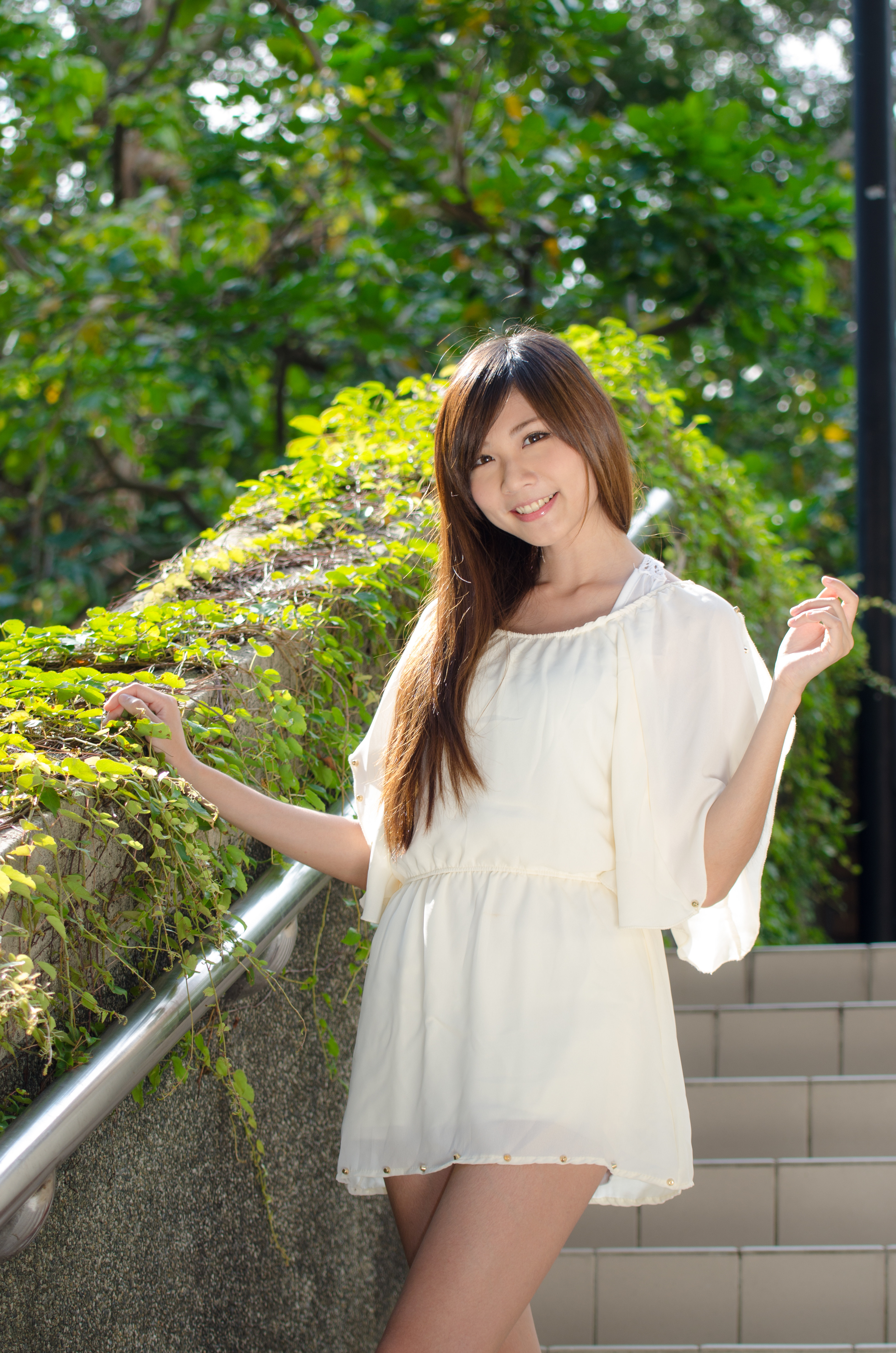 Asian Model Women Brunette Smiling Stairs Portrait Display Women Outdoors Robin Huang 3264x4928