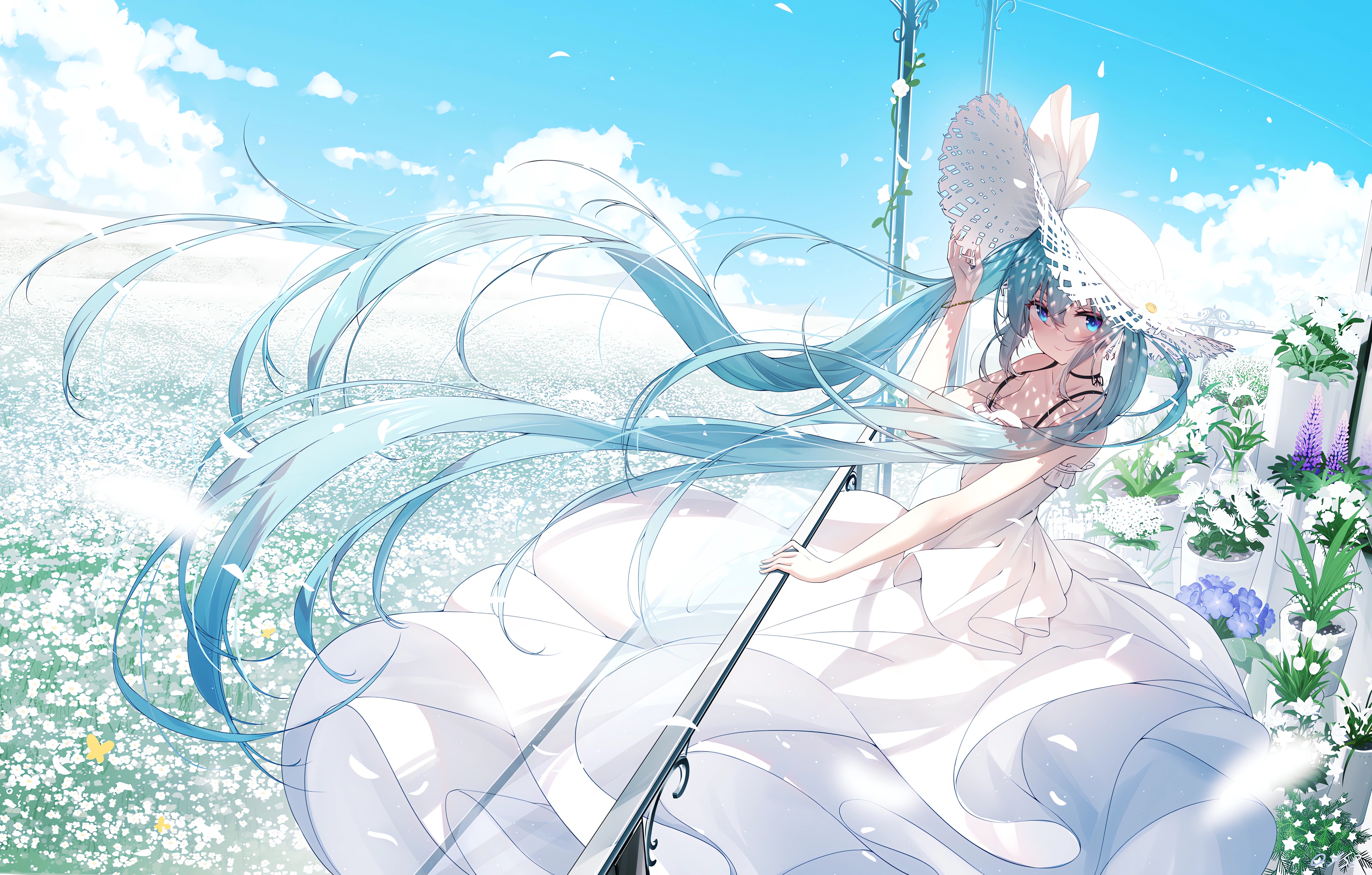 Anime Anime Girls Hatsune Miku Vocaloid Hair Blowing In The Wind Flowers White Dress 4400x2806