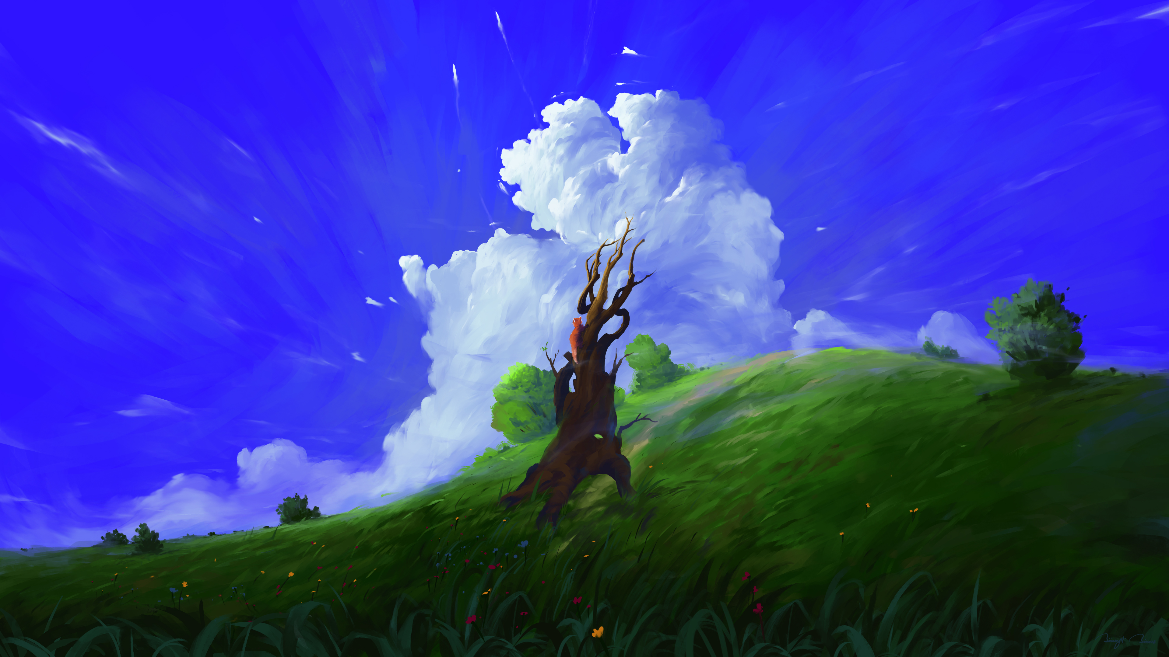 BisBiswas Landscape Clouds Blue Trees Plants Digital Art Artwork Illustration Painting 4K Signature 3840x2160