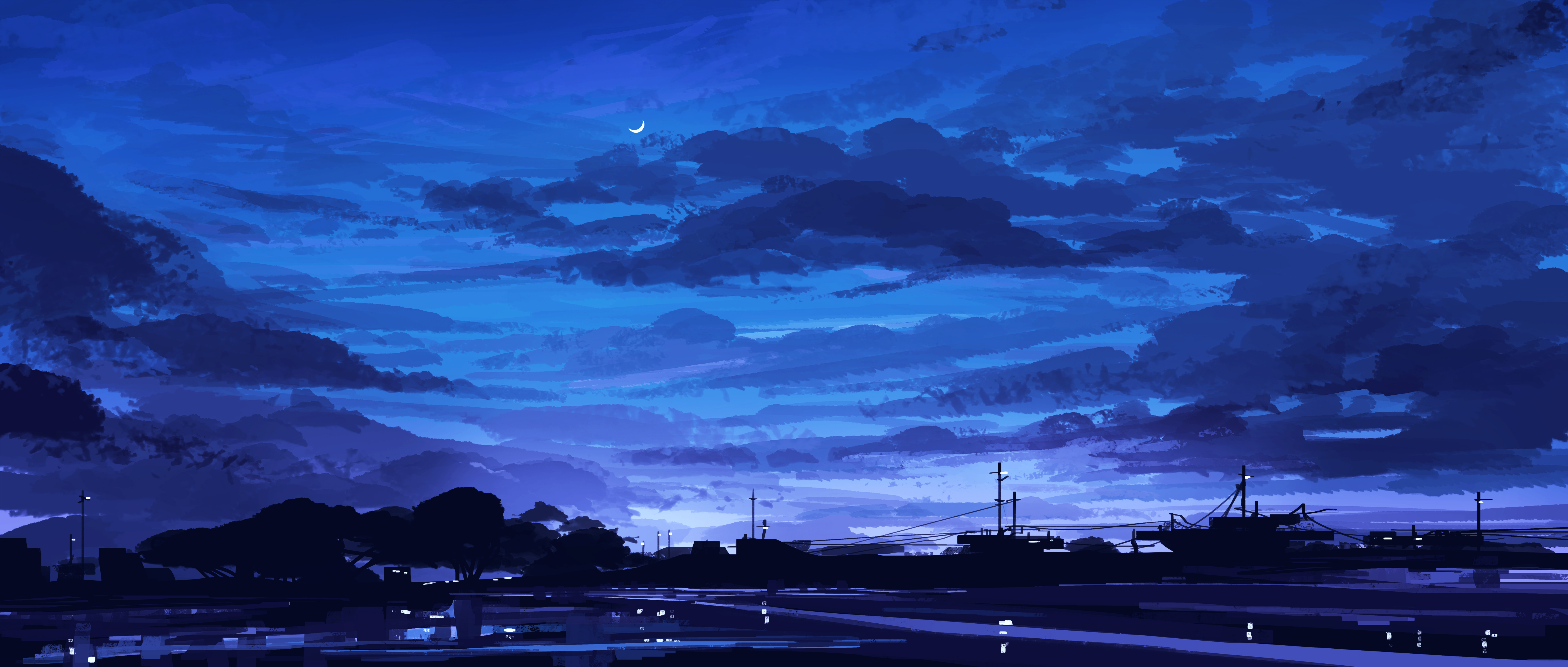 Anime Sky Gracile Clouds Moon Trees Artwork 5640x2400