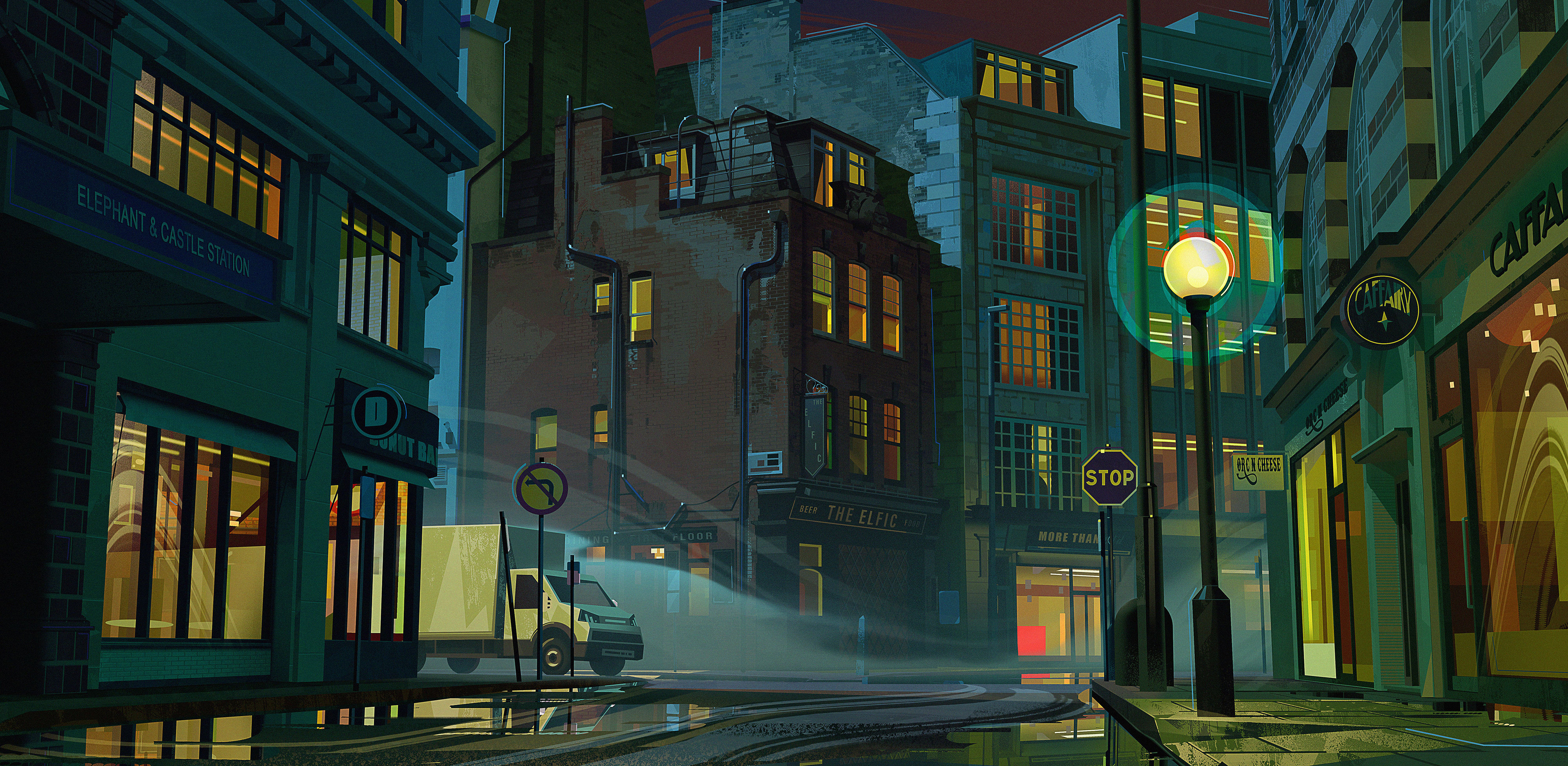 Digital Art Artwork Illustration Digital Painting City Street Building Architecture Road Night Refle 3840x1875