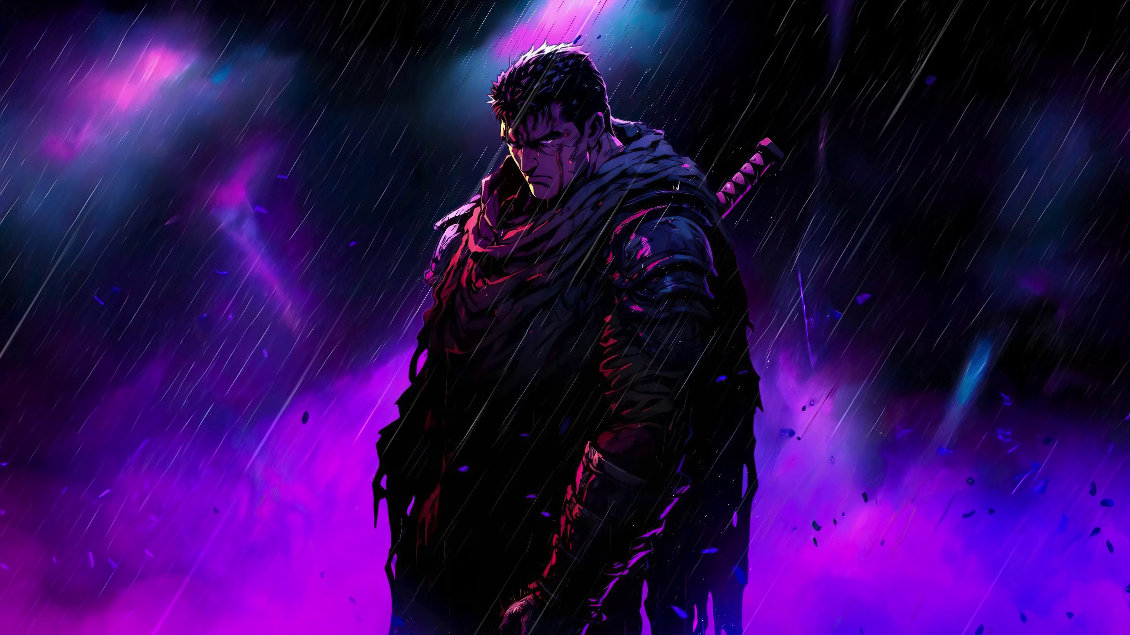 Berserk Guts Rain Pink Blue 3840x2160