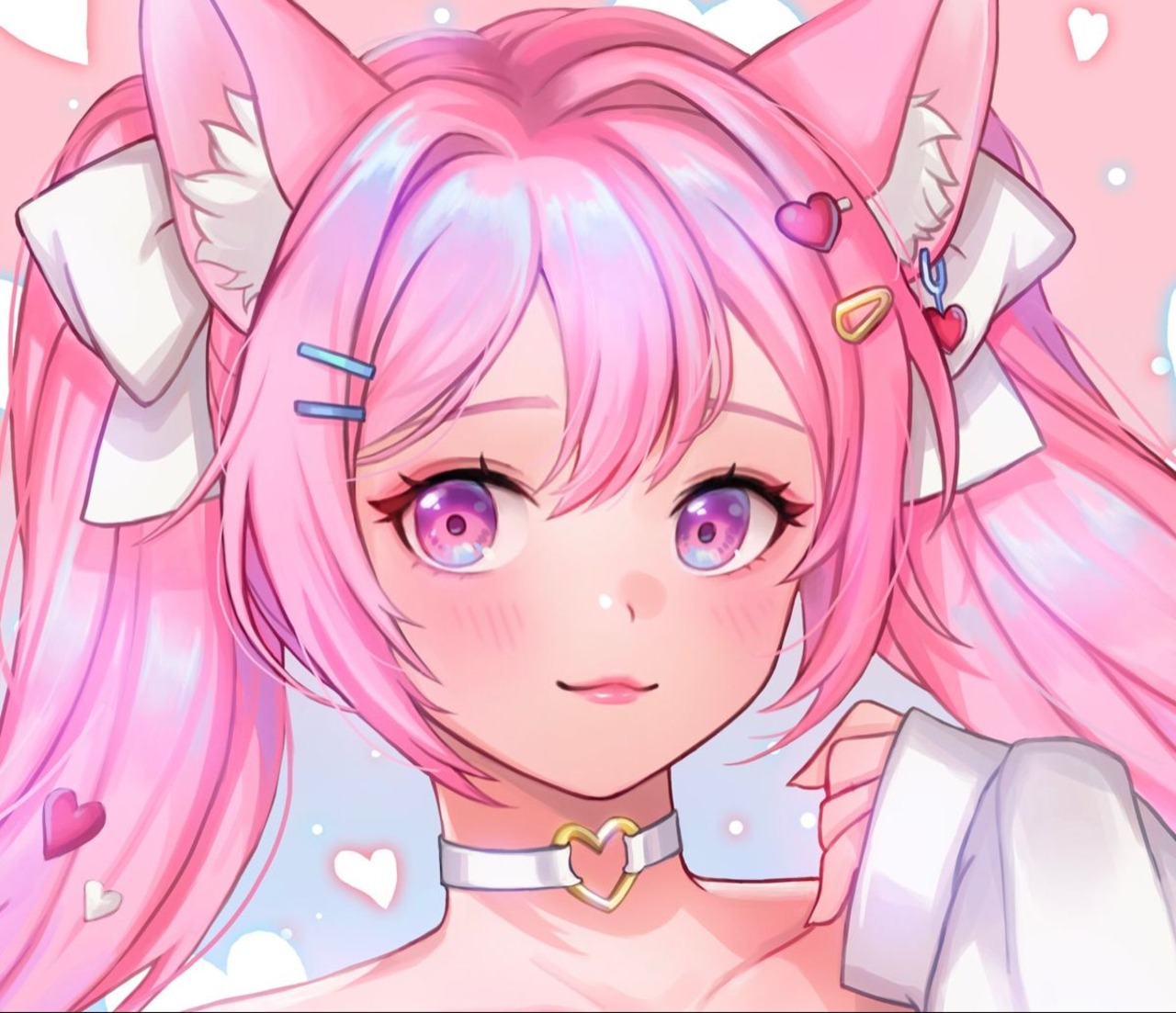 Pink Anime Girls Cat Ears Cat Girl Hair Clip Heart Pink Hair Pink Eyes Blushing Purple Eyes 1280x1103