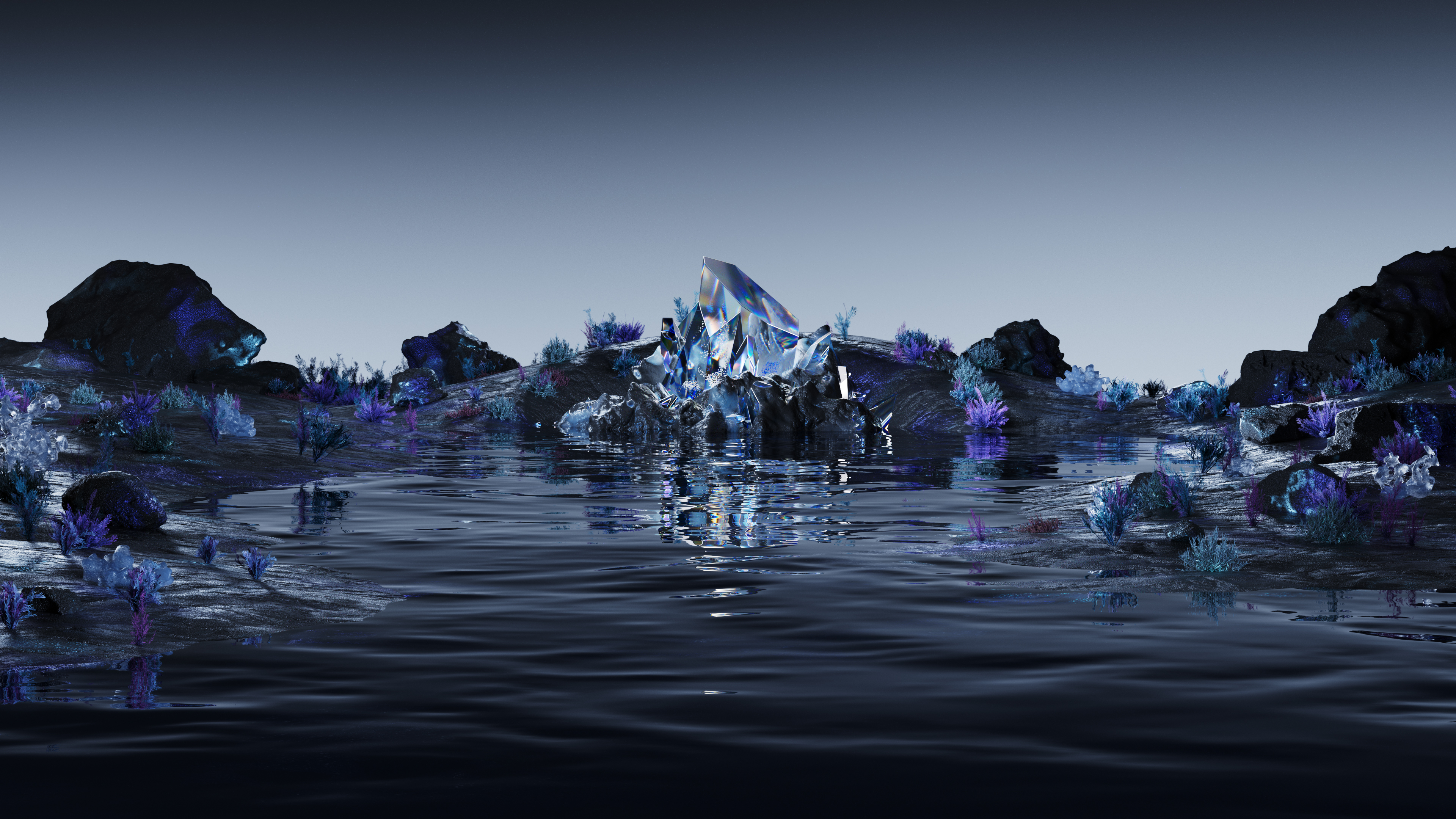 Landscape CGi Water Midnight Blue Crystal Surreal Nature Reflection 4K 3840x2160