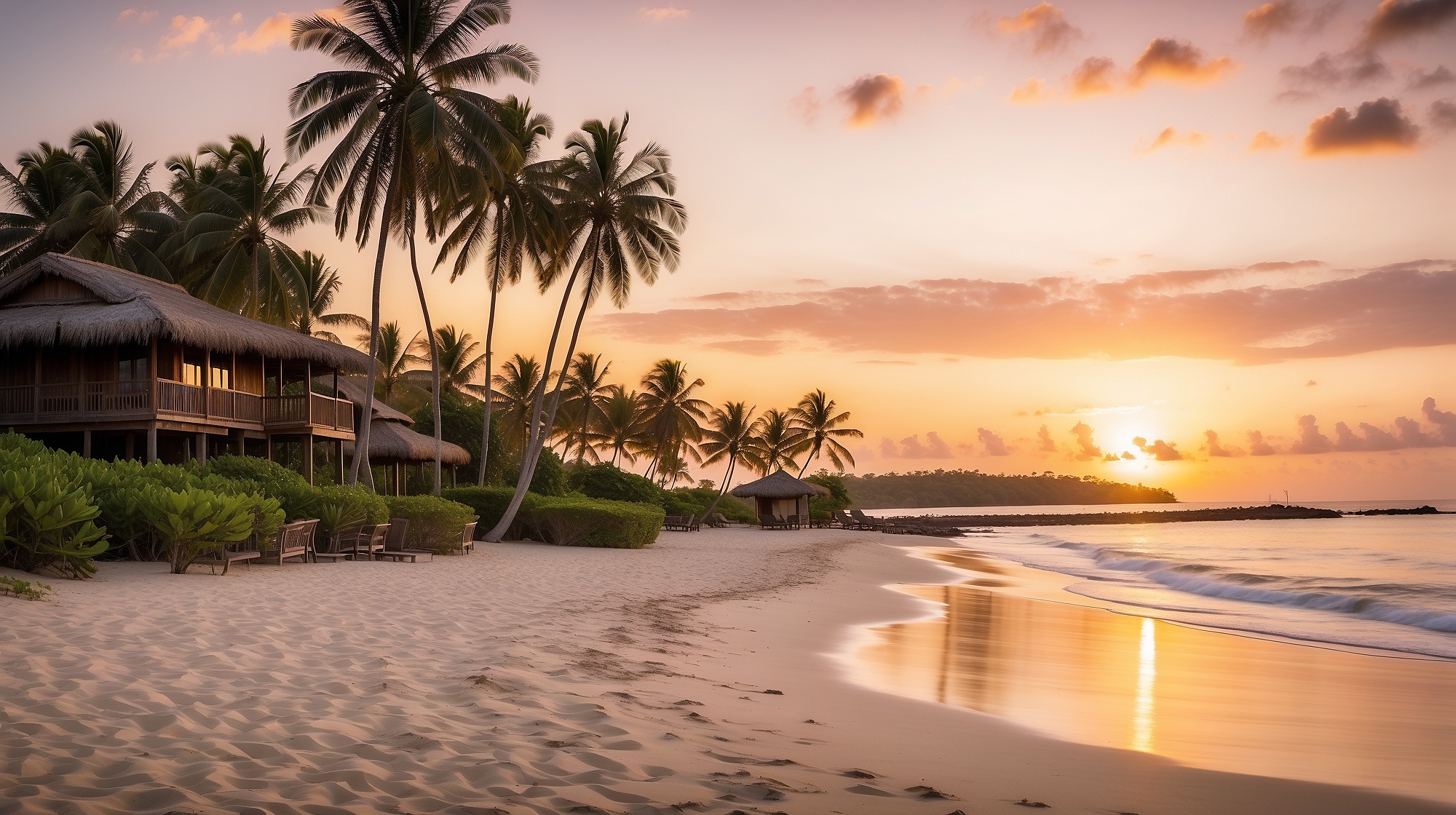 Sunset Beach Sun Rays 4K Coconuts House Sea Water Enjoying Palm Trees Sand Artwork Nature Abstract 2000x1120