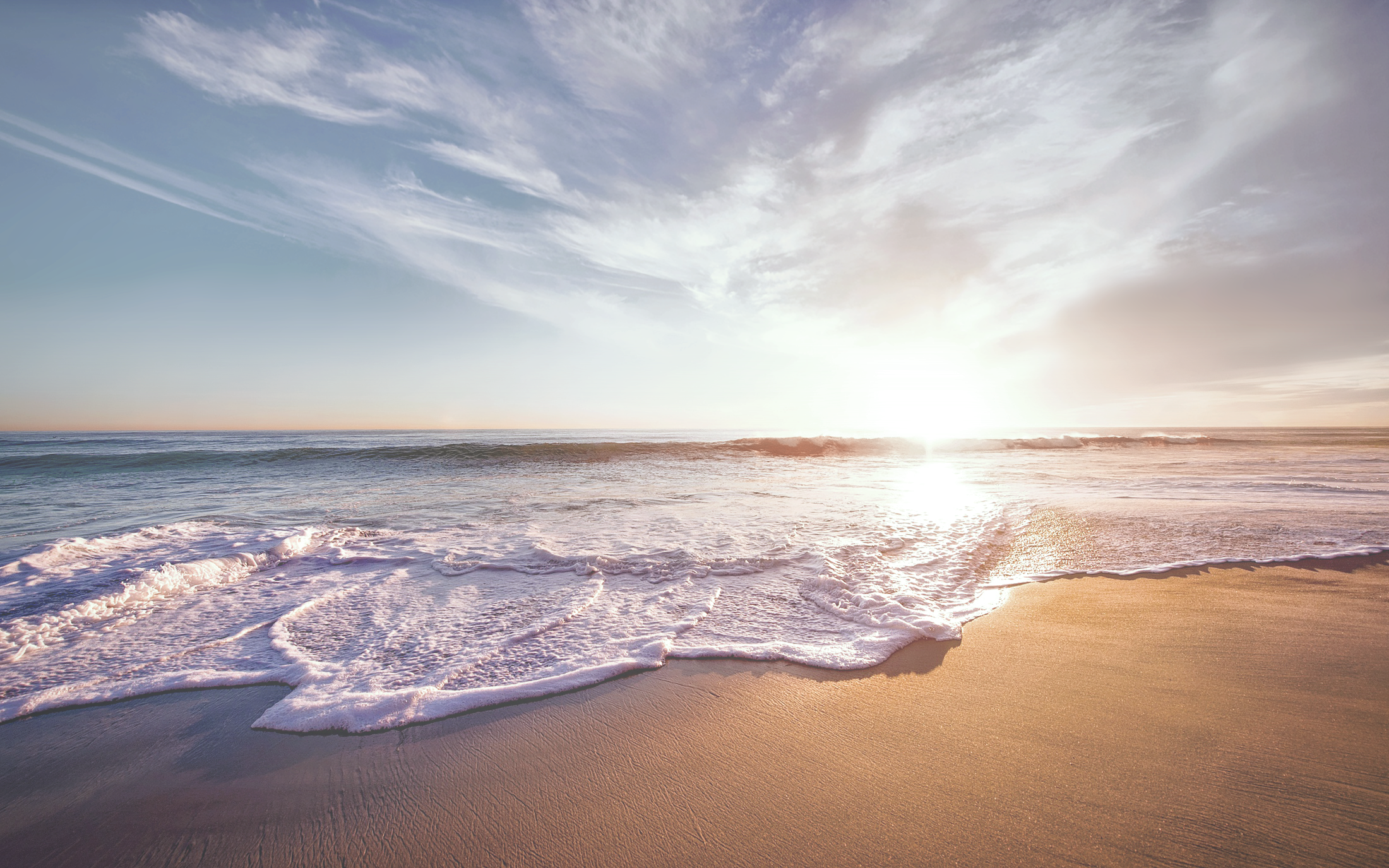 Sea Beach Sunset Waves Foam Water Sand Sky Horizon Landscape 2200x1375