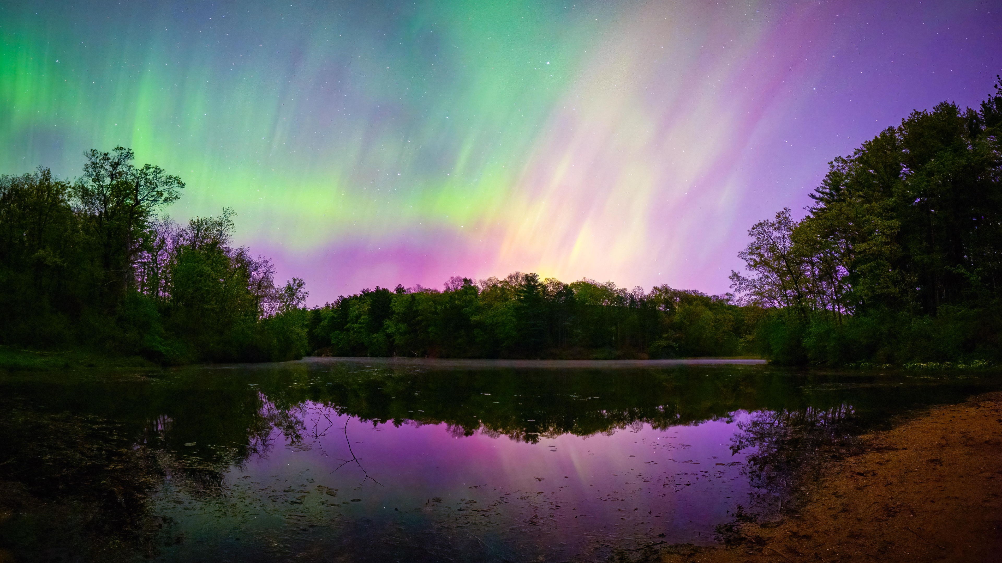 Nature Landscape Trees Forest Water Lake Reflection Sky Stars Aurorae Wisconsin USA 3840x2160