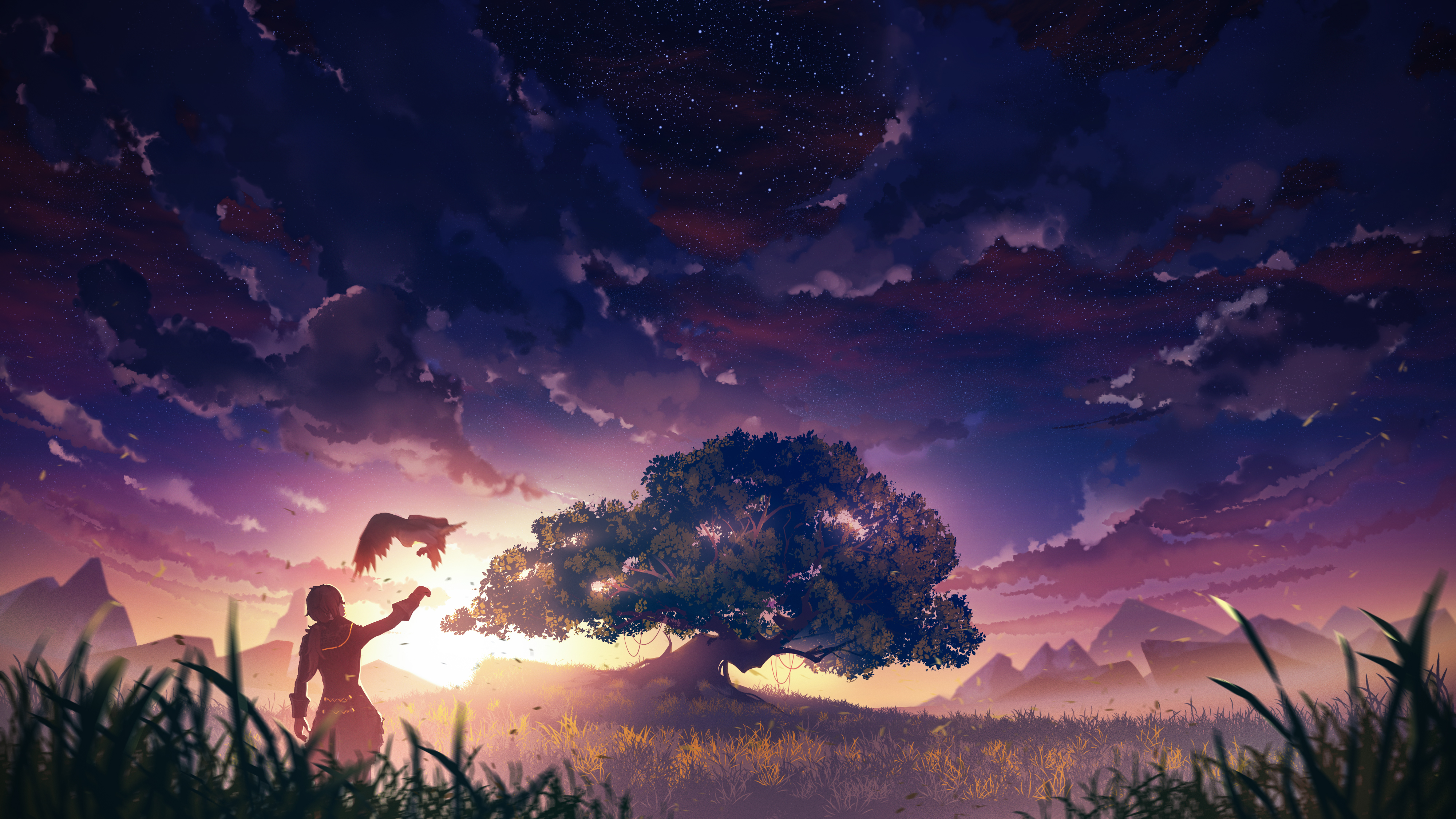Genshin Impact Artwork Diluc Genshin Impact Anime Anime Boys Trees Field Grass Sunset Starred Sky 4000x2250