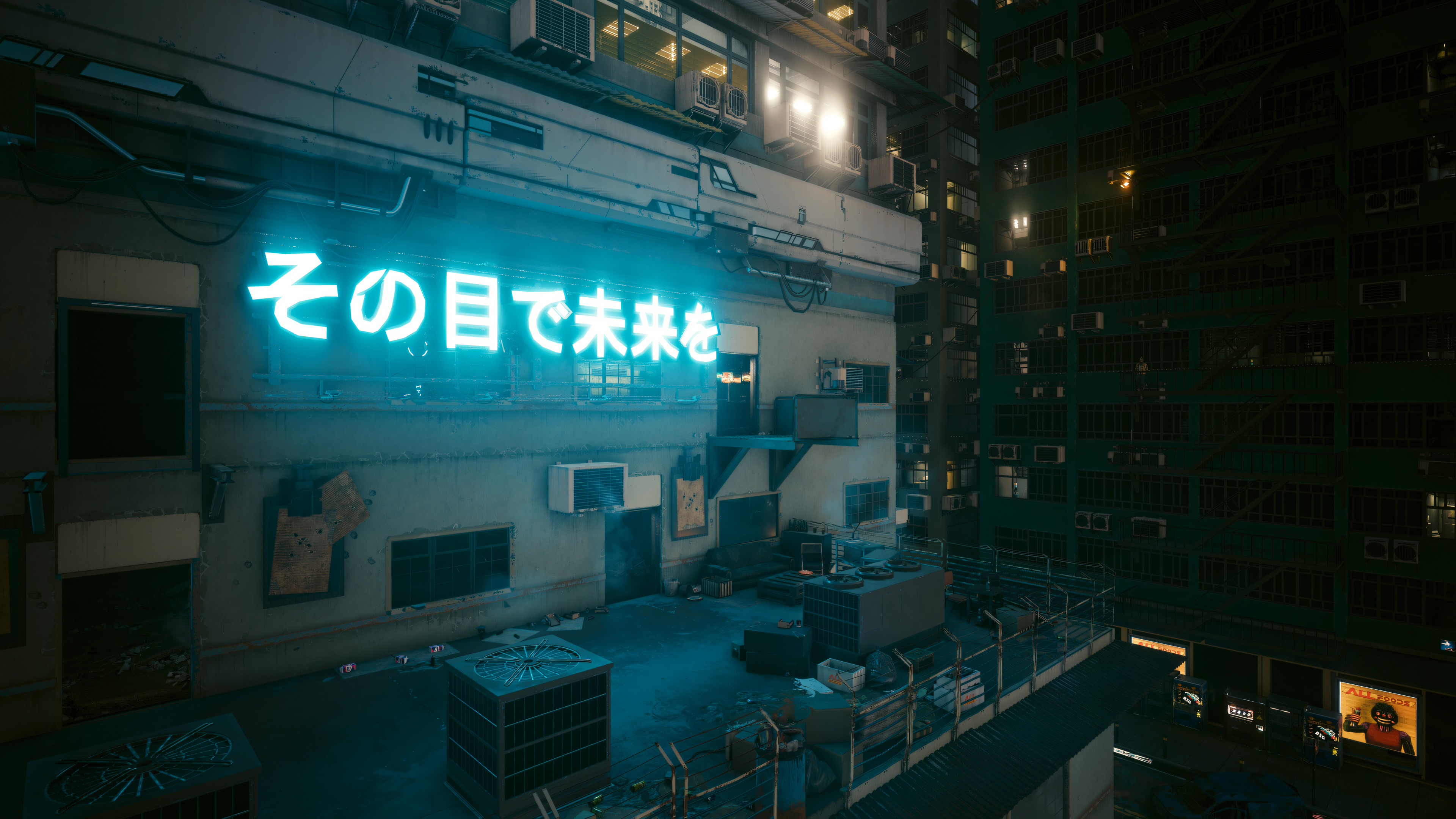 Building Neon Blue Light Dark Cyber Cyberpunk 2077 Video Game Art Video Games Urban City Urban 3840x2160