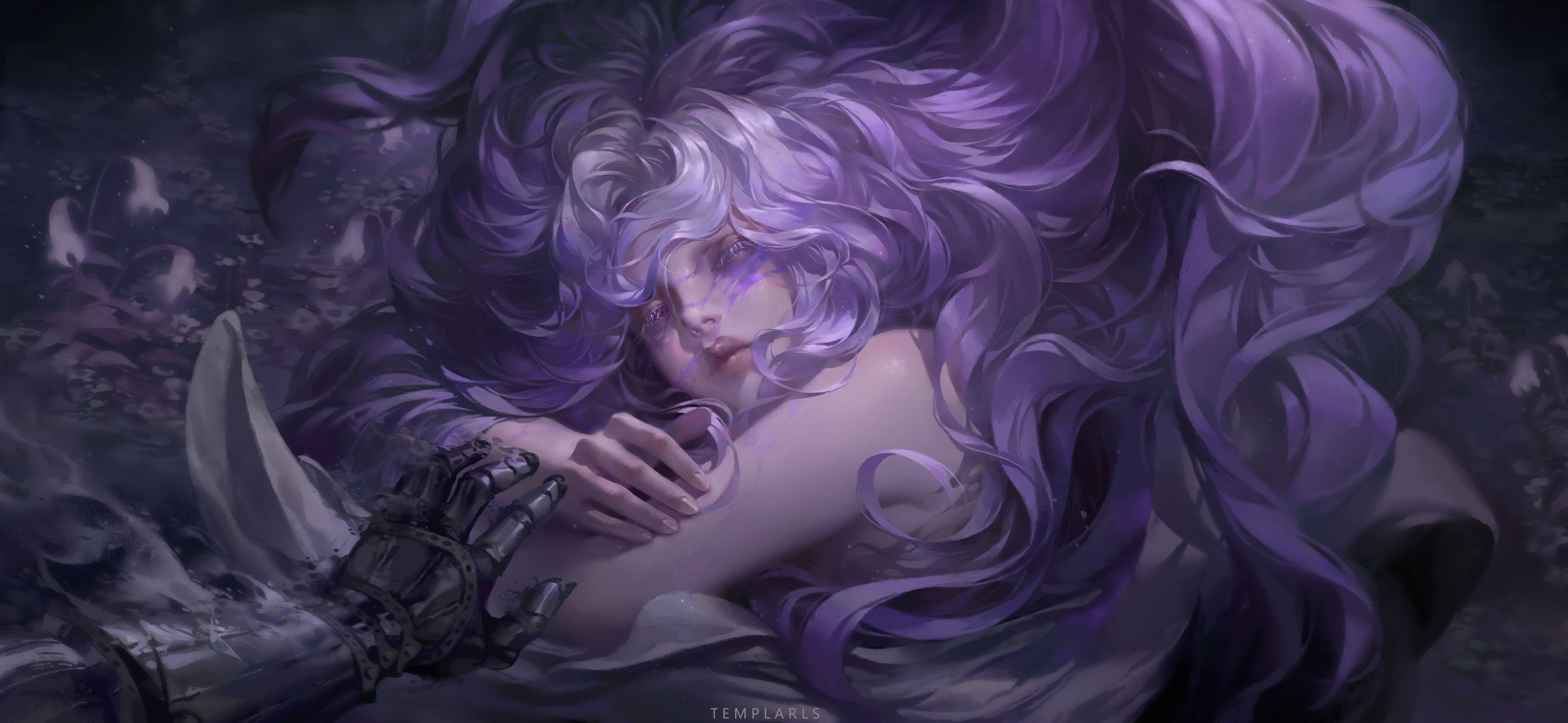 TEMPLARLS Digital Art Artwork Illustration Digital Painting Women Long Hair Purple Hair Lying Down W 7000x3228