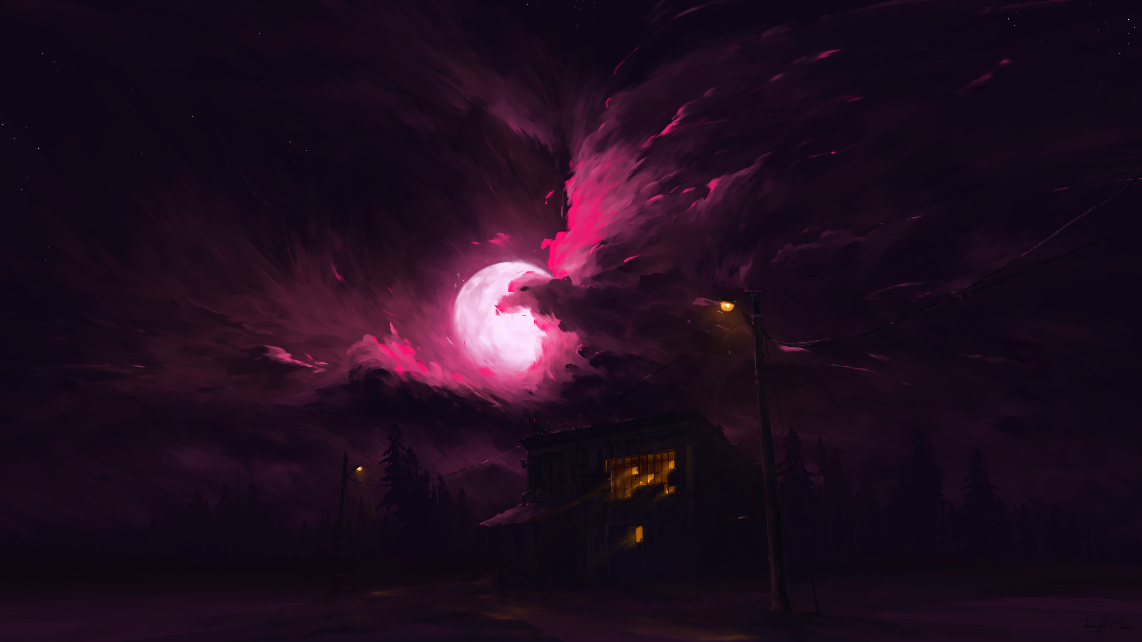 BisBiswas Digital Art Artwork Illustration Landscape Clouds Night Nightscape Moon Trees Forest Stars 3840x2160