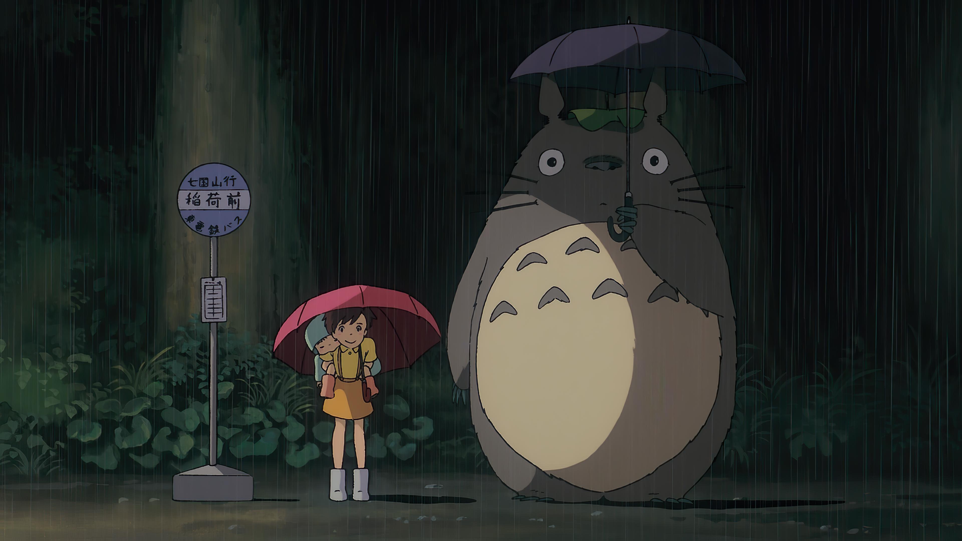 Anime My Neighbor Totoro Umbrella Totoro Anime Girls Dark Rain 3840x2160