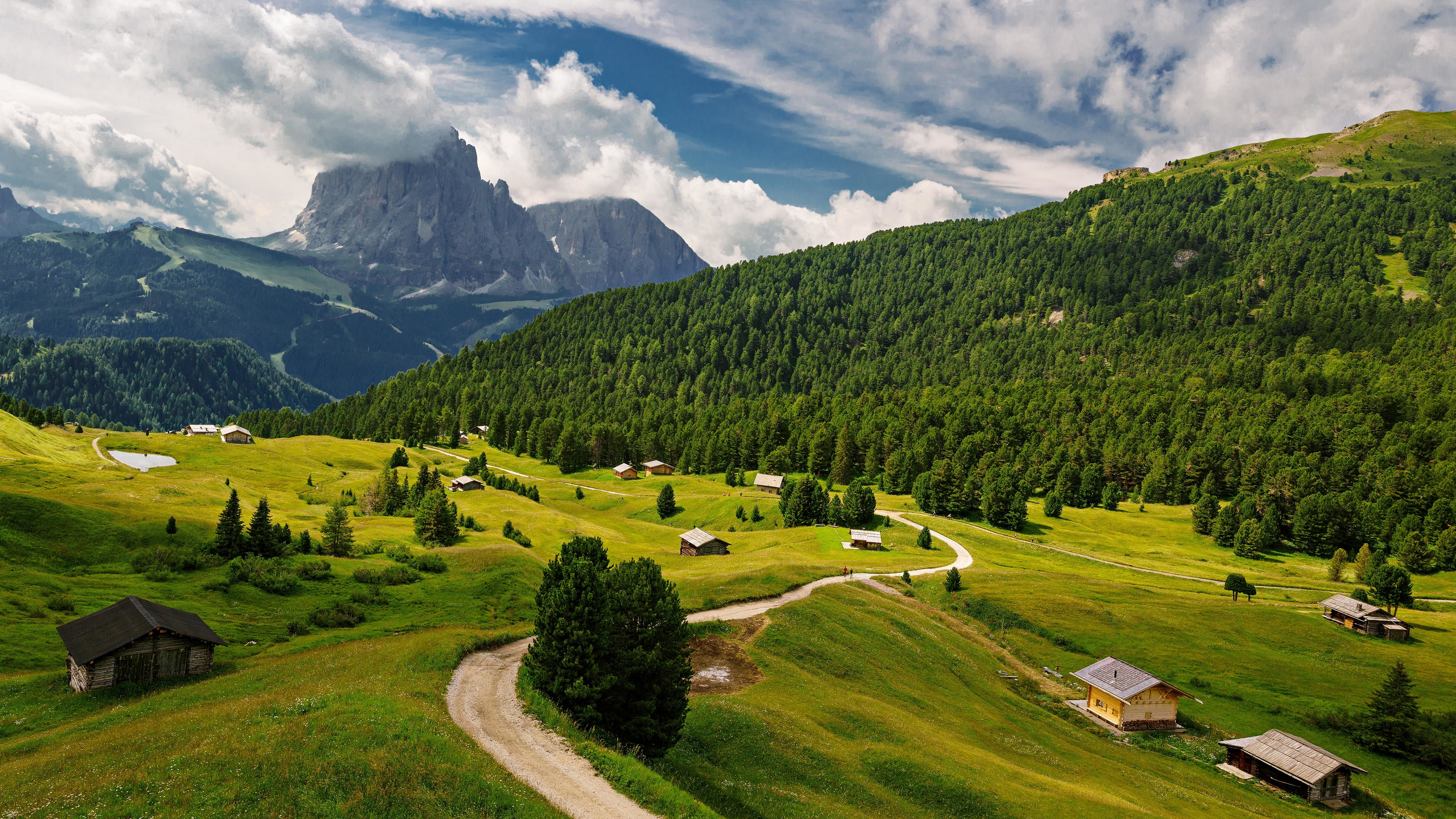 Italy Nature Landscape Field House Forest Mountains Sky Clouds Dirt Road Dolomites 3840x2160