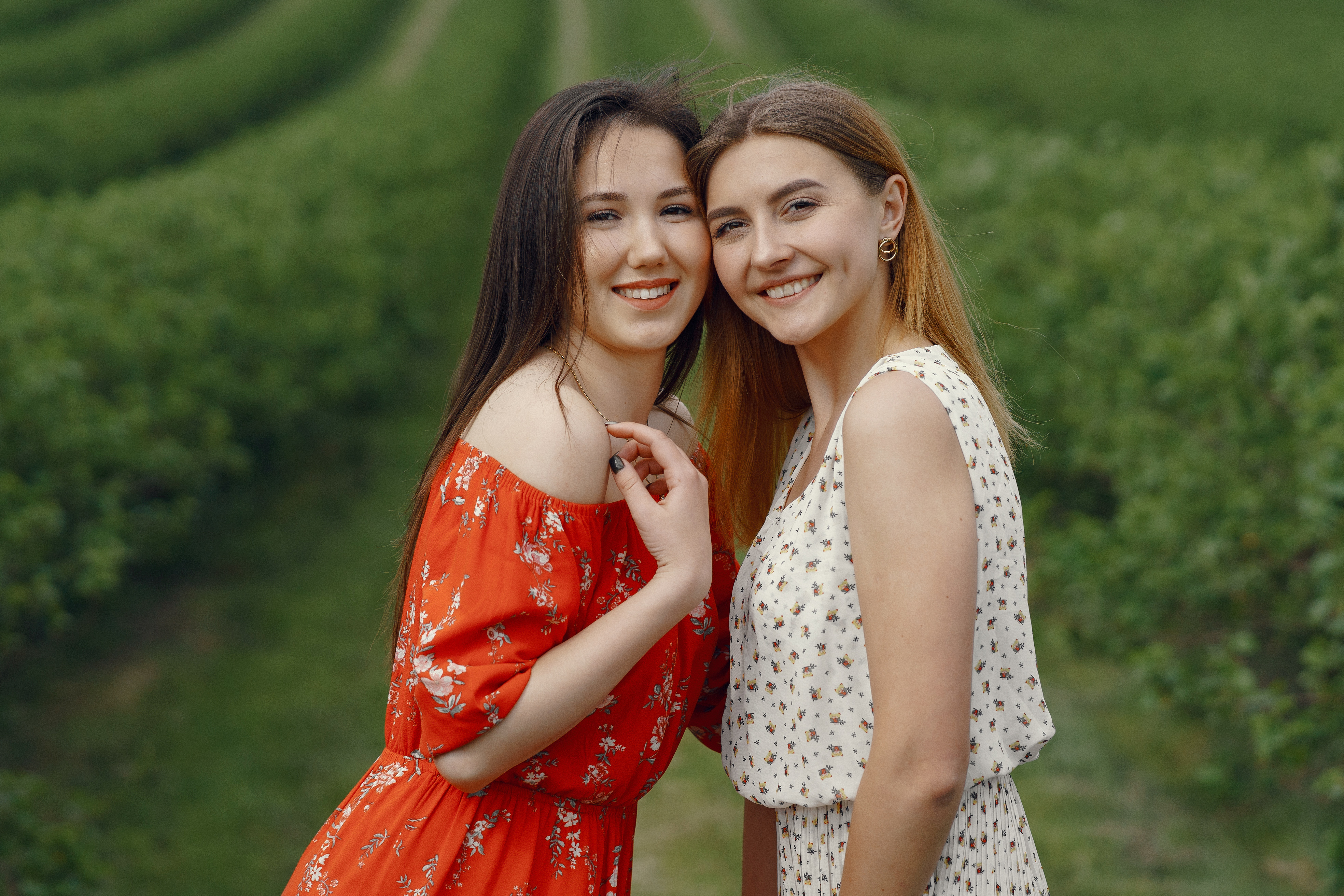 Oleg Baliuk Women Smiling Outdoors Orange Clothing White Clothing Two Women Brunette Bare Shoulders  3936x2624