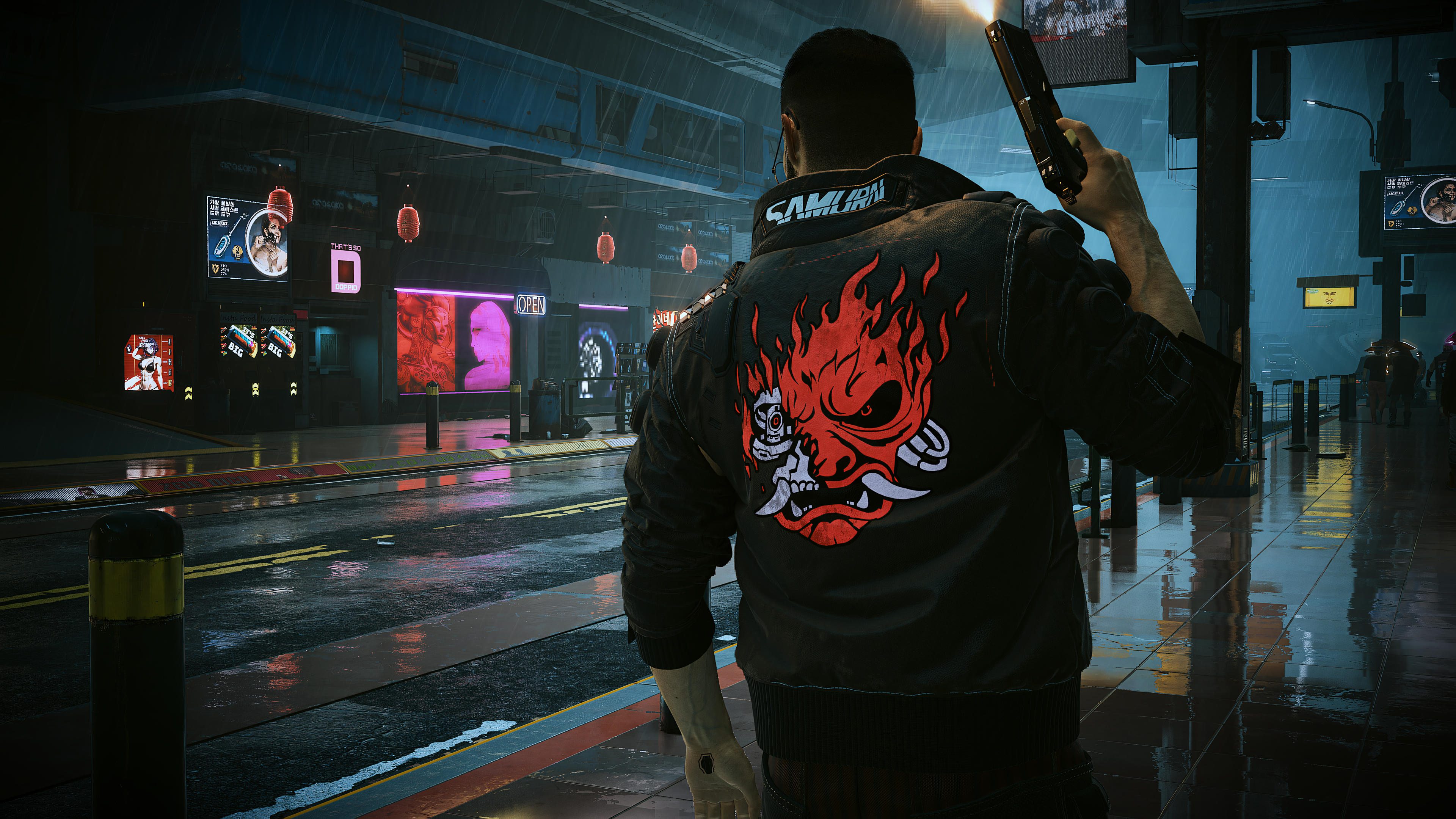 Samurai Cyberpunk 2077 Cyberpunk 2077 NPC V Cyberpunk 2077 City Road Rain Reflection Stores Neon Adv 3840x2160