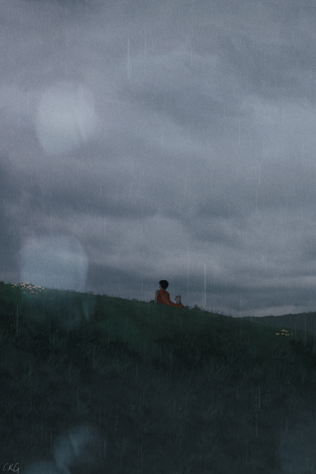 Anime Nature Outdoors Digital Art Field Grass Sky Rain Sitting Anime Boys Dog Red Cape Sad Overcast 1238x1854