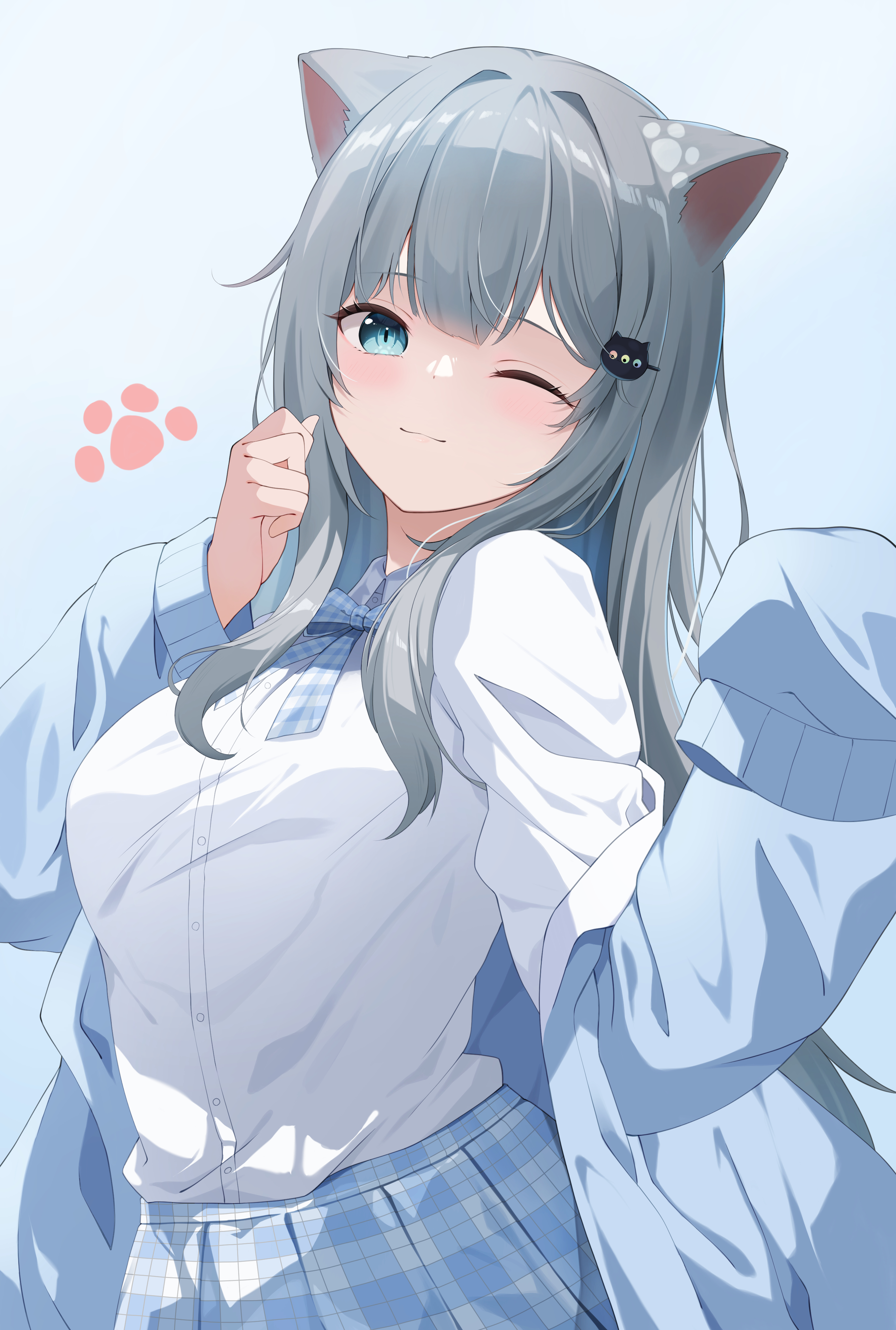 Nacho Neko Anime Anime Girls Cat Girl Blue Eyes Gray Hair Oversized Outfit School Uniform Blue Ribbo 2758x4093