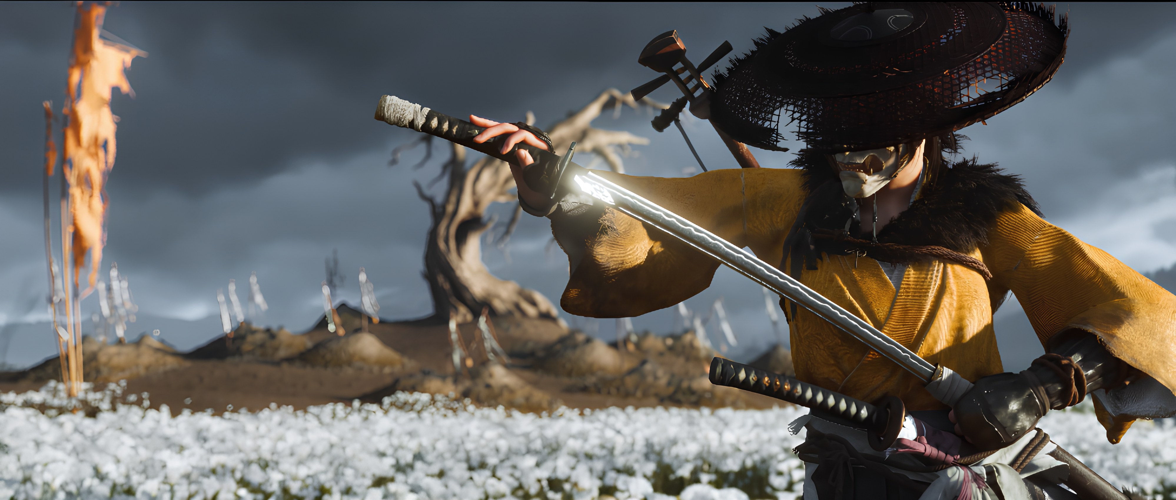 Ghost Of Y Tei Sword Ghost Of Tsushima Sucker Punch Productions Video Games 3996x1700