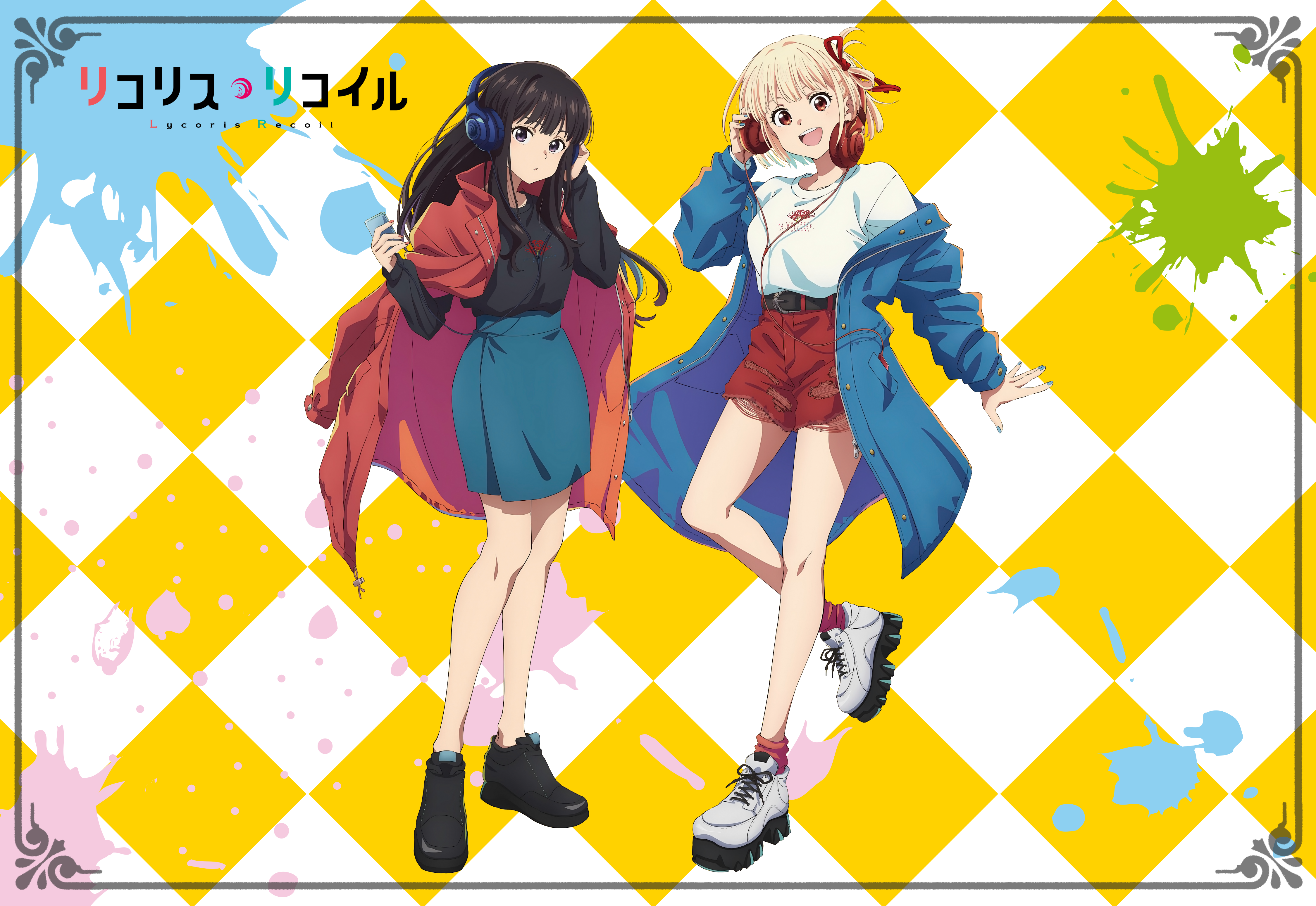 Anime Anime Girls Lycoris Recoil Nishikigi Chisato Inoue Takina Two Women Blonde Black Hair Smiling  4500x3100