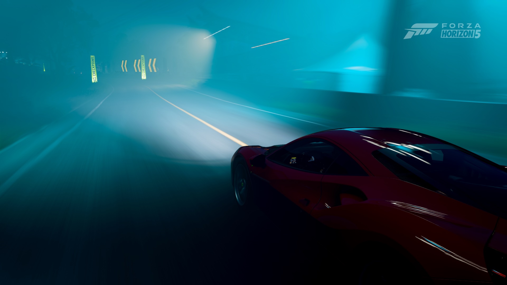 Forza Horizon 5 Screen Shot Night Neon Ferrari Road Car Neon Blue Italian Cars Stellantis Playground 1920x1080