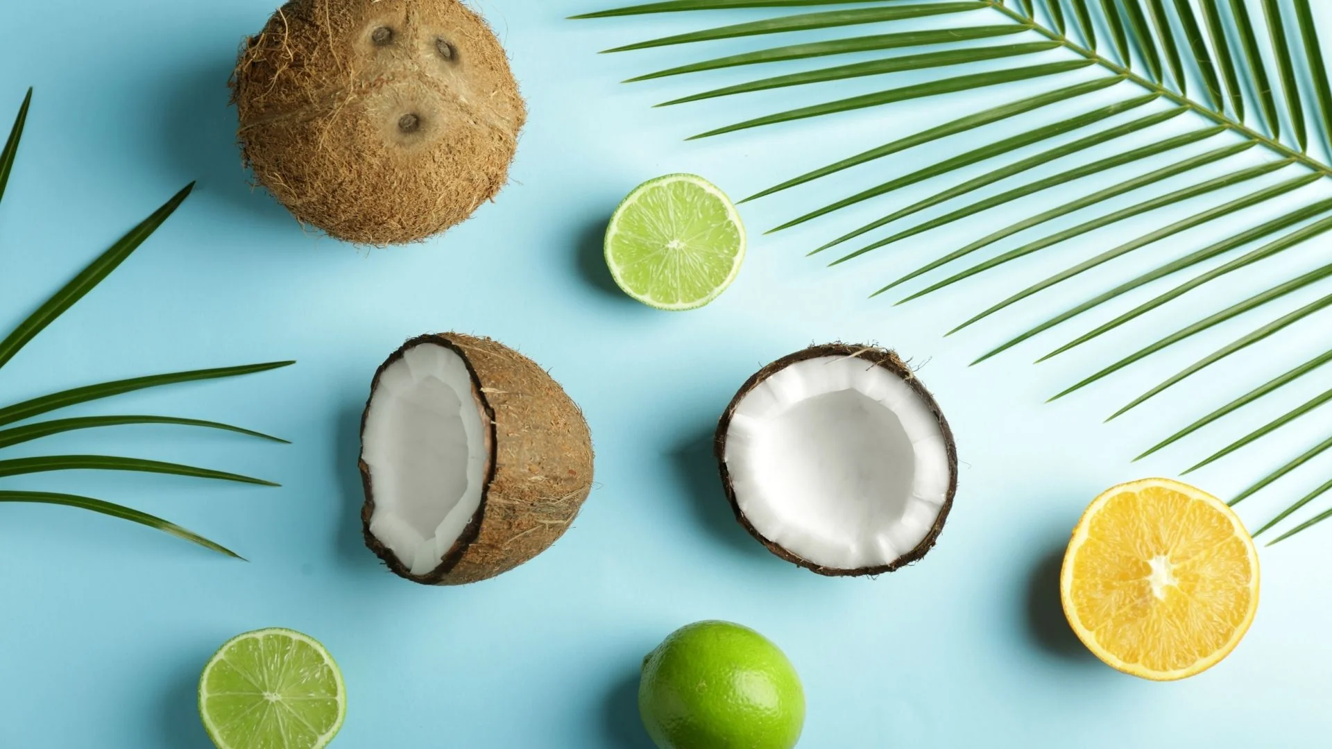Coconuts Palm Frond Lime Simple Background Food Fruit 1920x1080