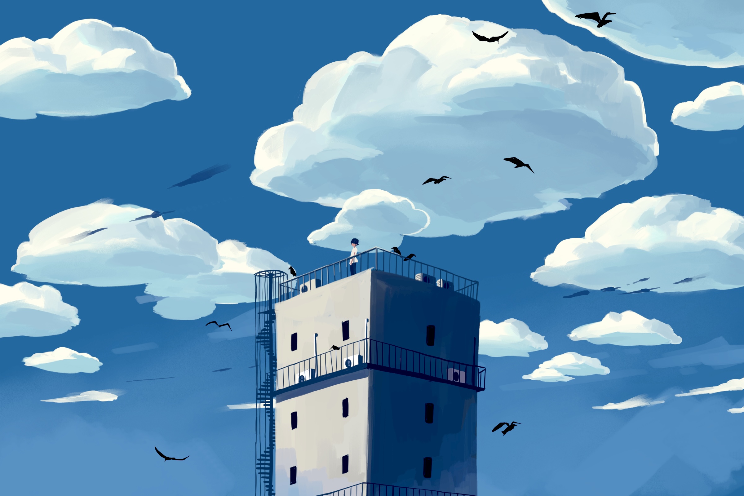 Taizo Digital Art Artwork Illustration Clouds Sky Birds Animals Building Blue 2400x1600
