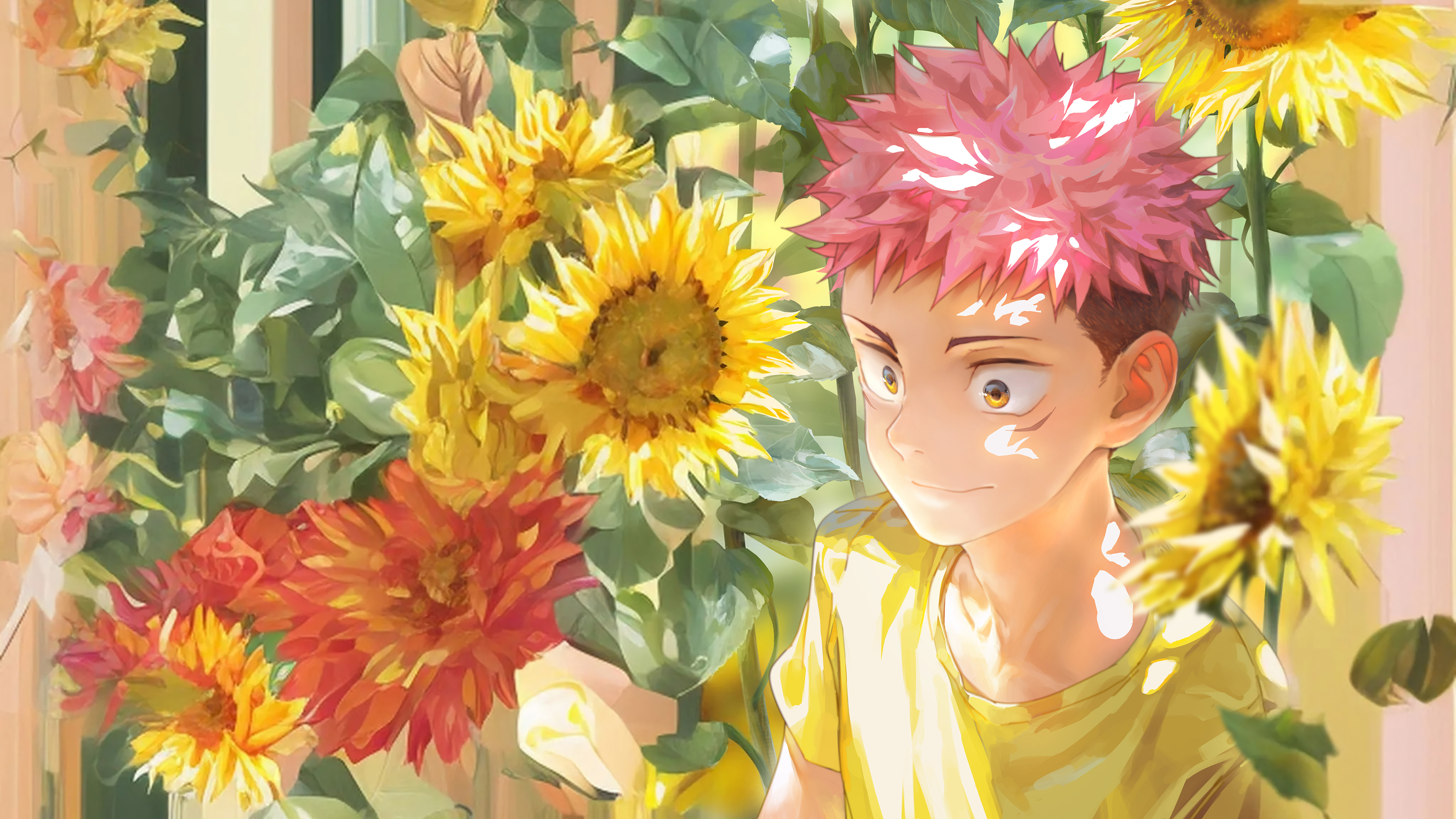 Yuji Itadori Jujutsu Kaisen Sunflowers Flowers Yellow Shirt Beitemian Anime Boys 3413x1920