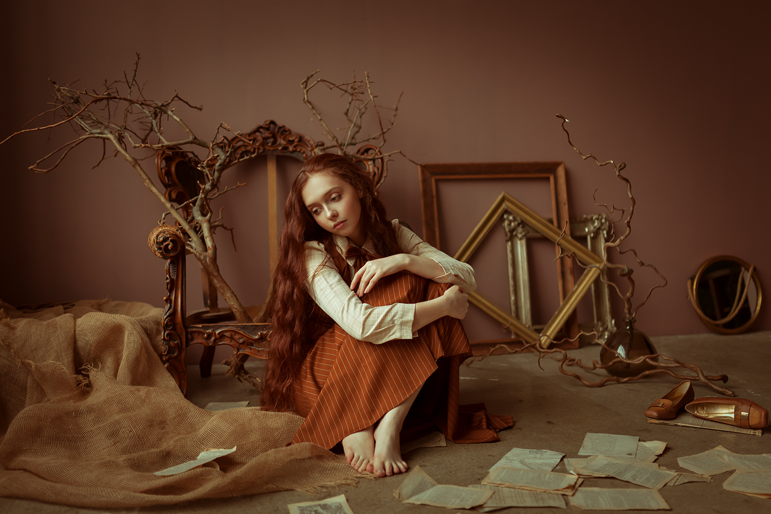 Denis Kotov Women Long Hair Barefoot Sand Frame Sad Redhead Picture Frames 1500x1000