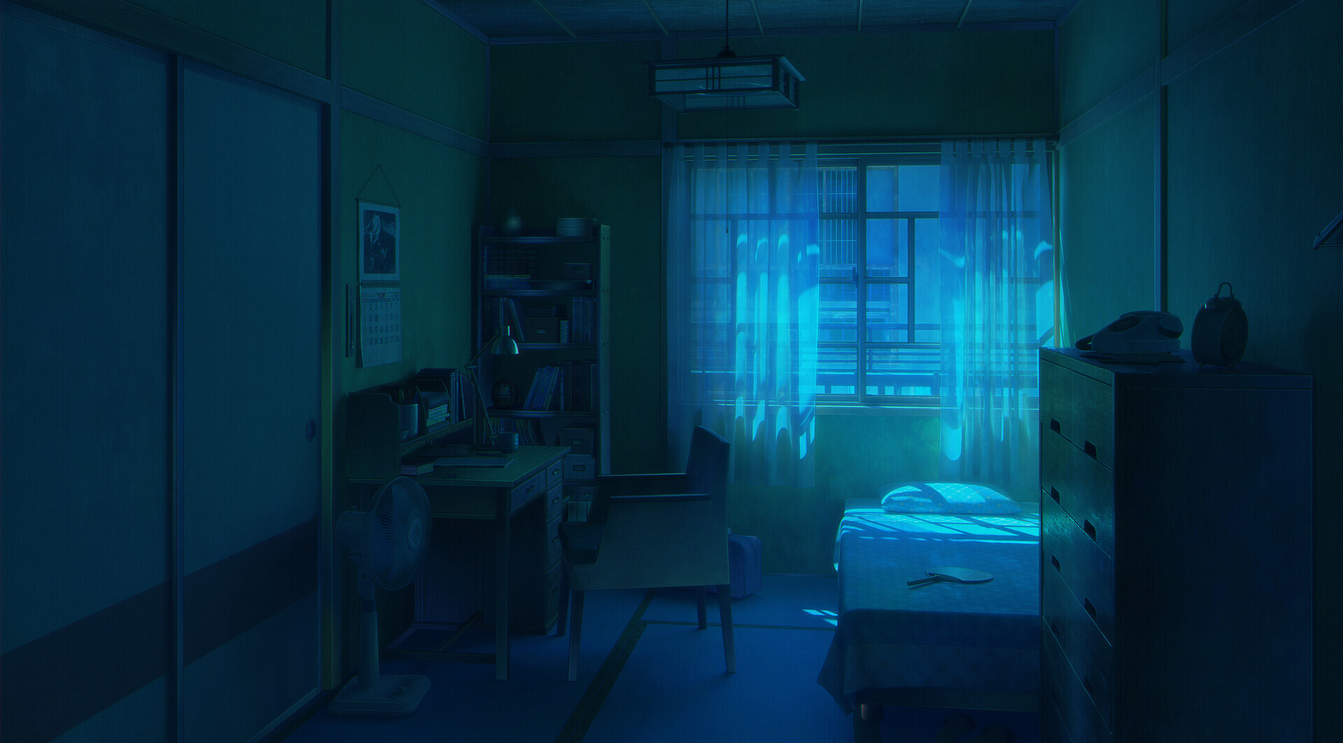 Anime Artwork Room Window Chair Table Bed Phone Alarm Clock Lights Calendar Low Light 1920x1063