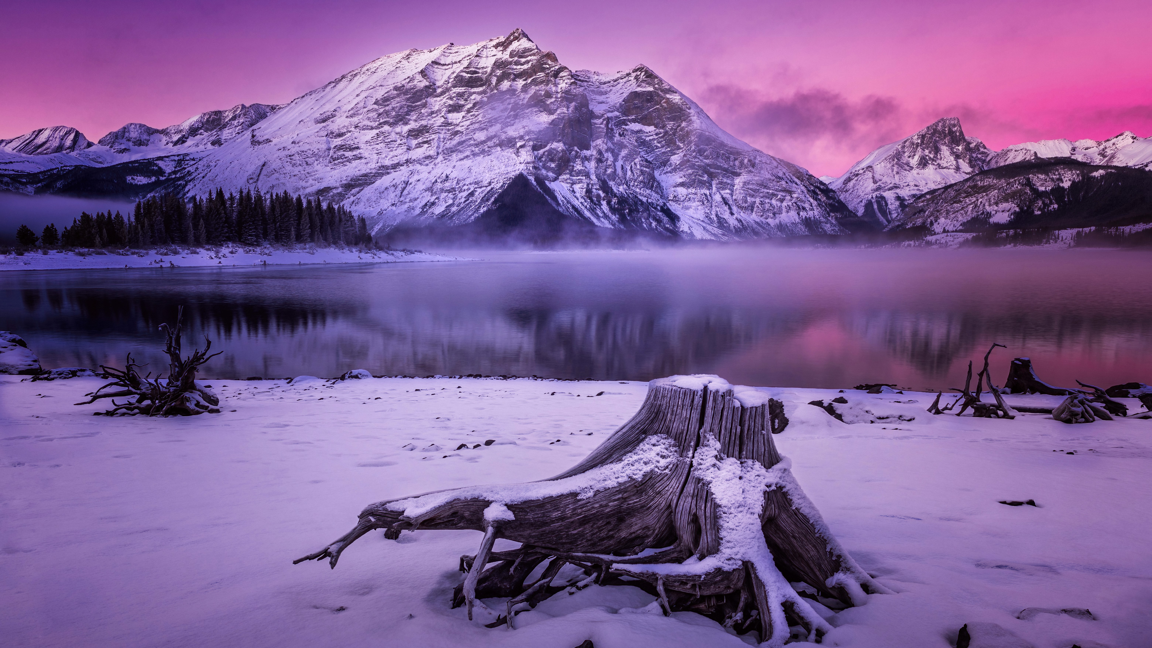 Nature Landscape Trees Wood Water Sky Snow Inter Mist Pine Trees Mountains Rocky Mountains Alberta C 3840x2160