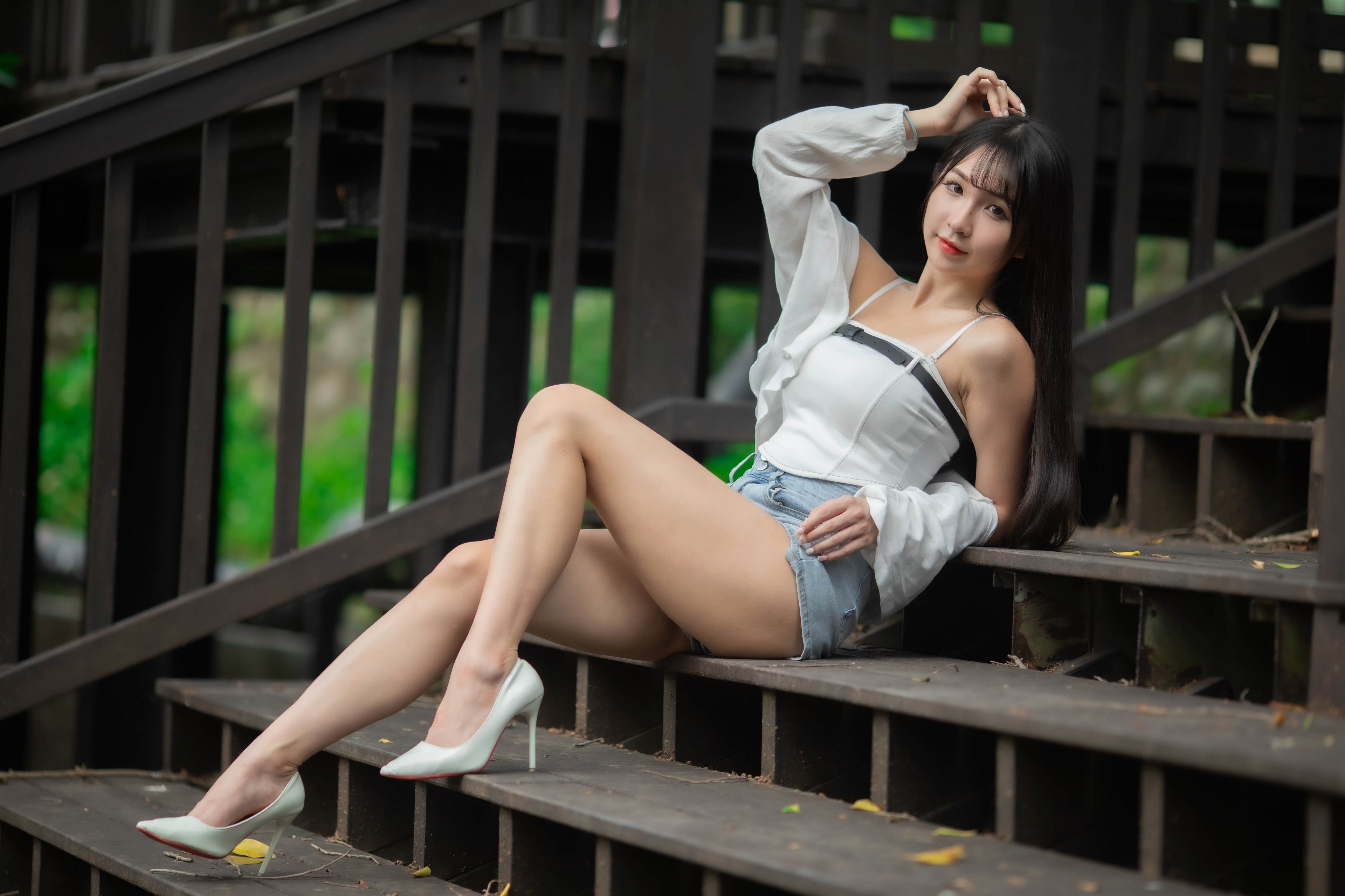 Asian Model Women Long Hair Dark Hair Sitting Stairs High Heels 3840x2560