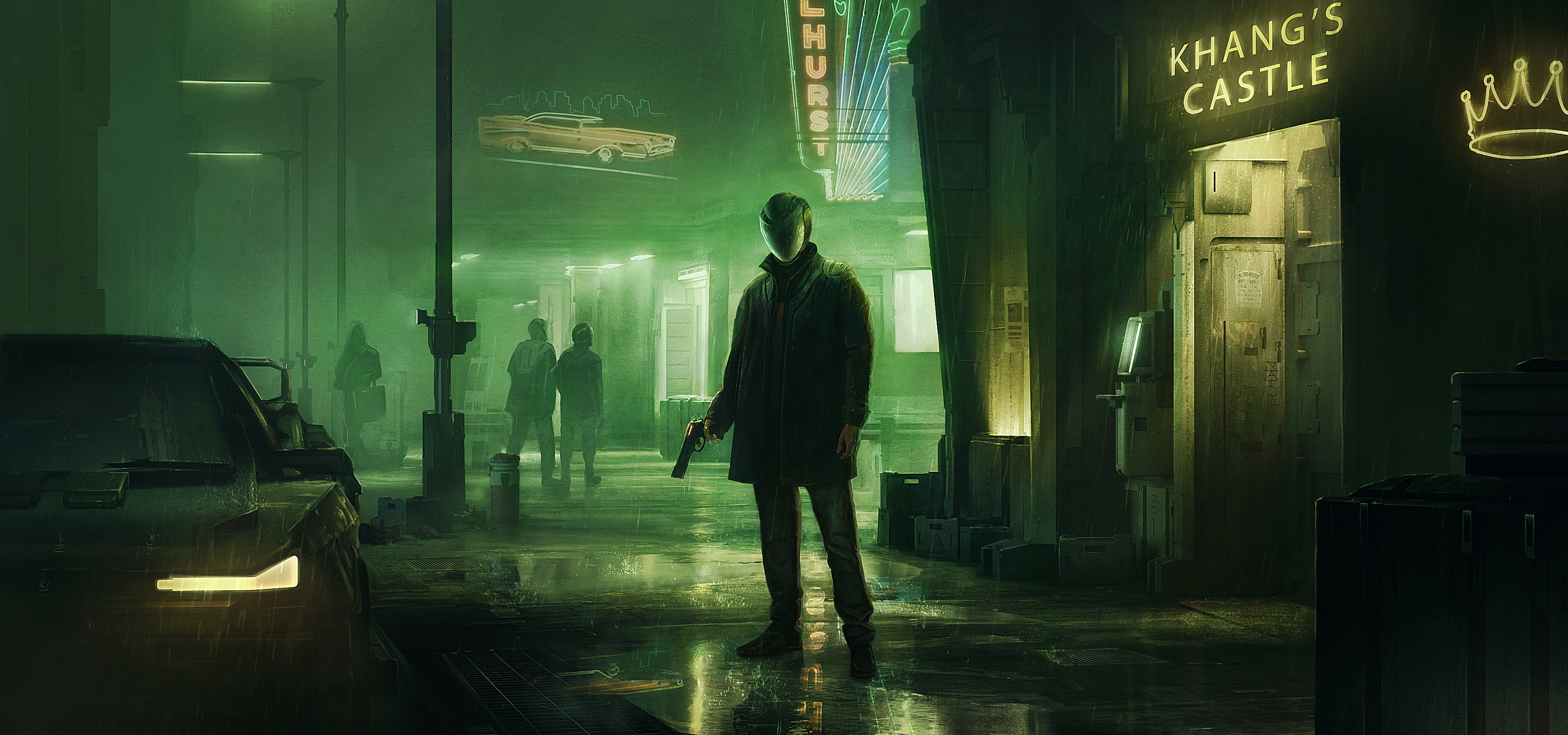 Kevin Jick Digital Art Artwork Illustration Street Men Pistol Futuristic Vehicle Neon Sign Rain 3840x1799