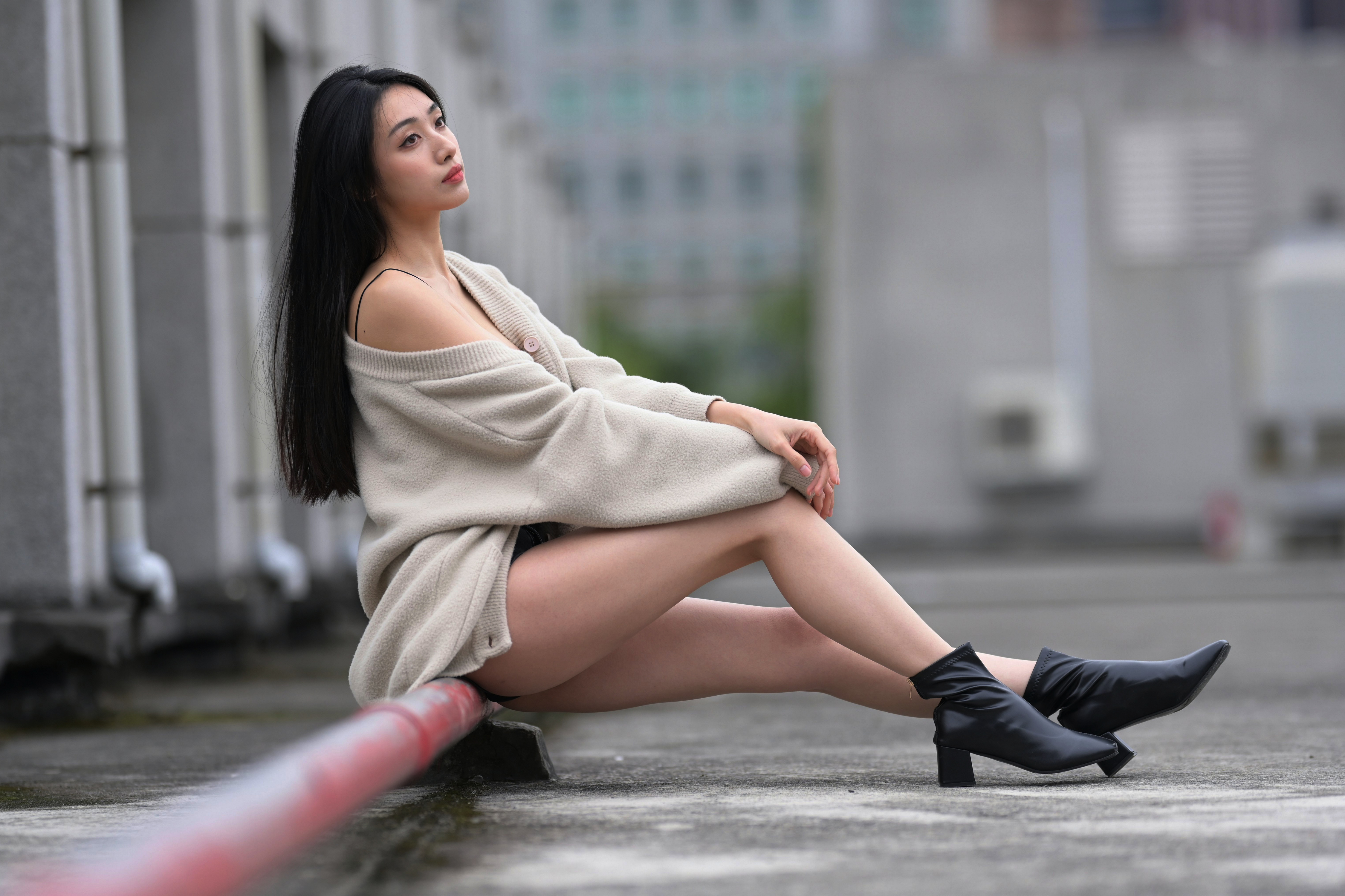 Asian Model Women Long Hair Dark Hair Sitting 4500x3000