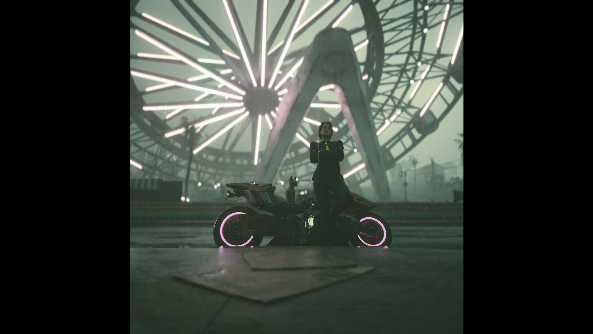 Cyberpunk Cyberpunk 2077 Motorcycle Neon Suit And Tie Leaned Back Women Short Hair Ferris Wheel Pola 1920x1080