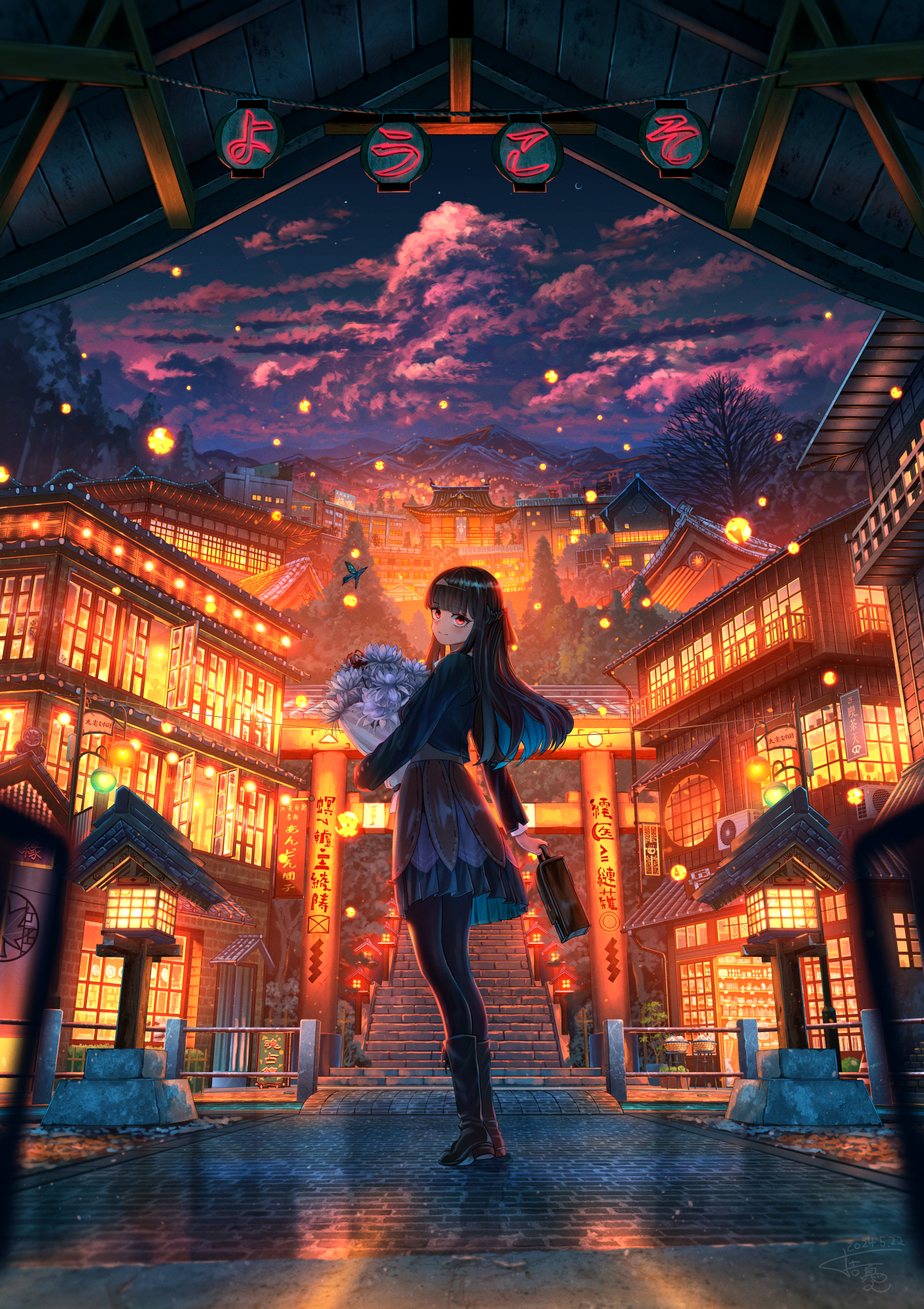 Shuu Illust Looking Back Portrait Display Bouquet Looking At Viewer Clouds Asian Architecture Sky Bu 1412x2000